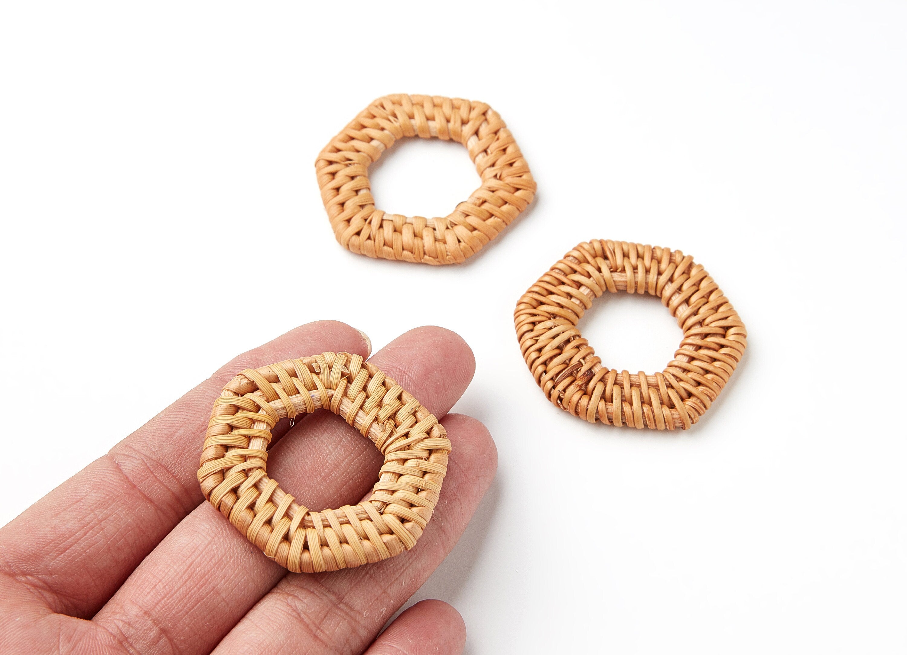 Handwoven Rattan Earrings - Hexagon Shaped Rattan Pendant - Wooden Straw Earring - Jewelery Handmade - 41.15x37.95x4.69mm - RT1015 - DOMEDBAZAAR