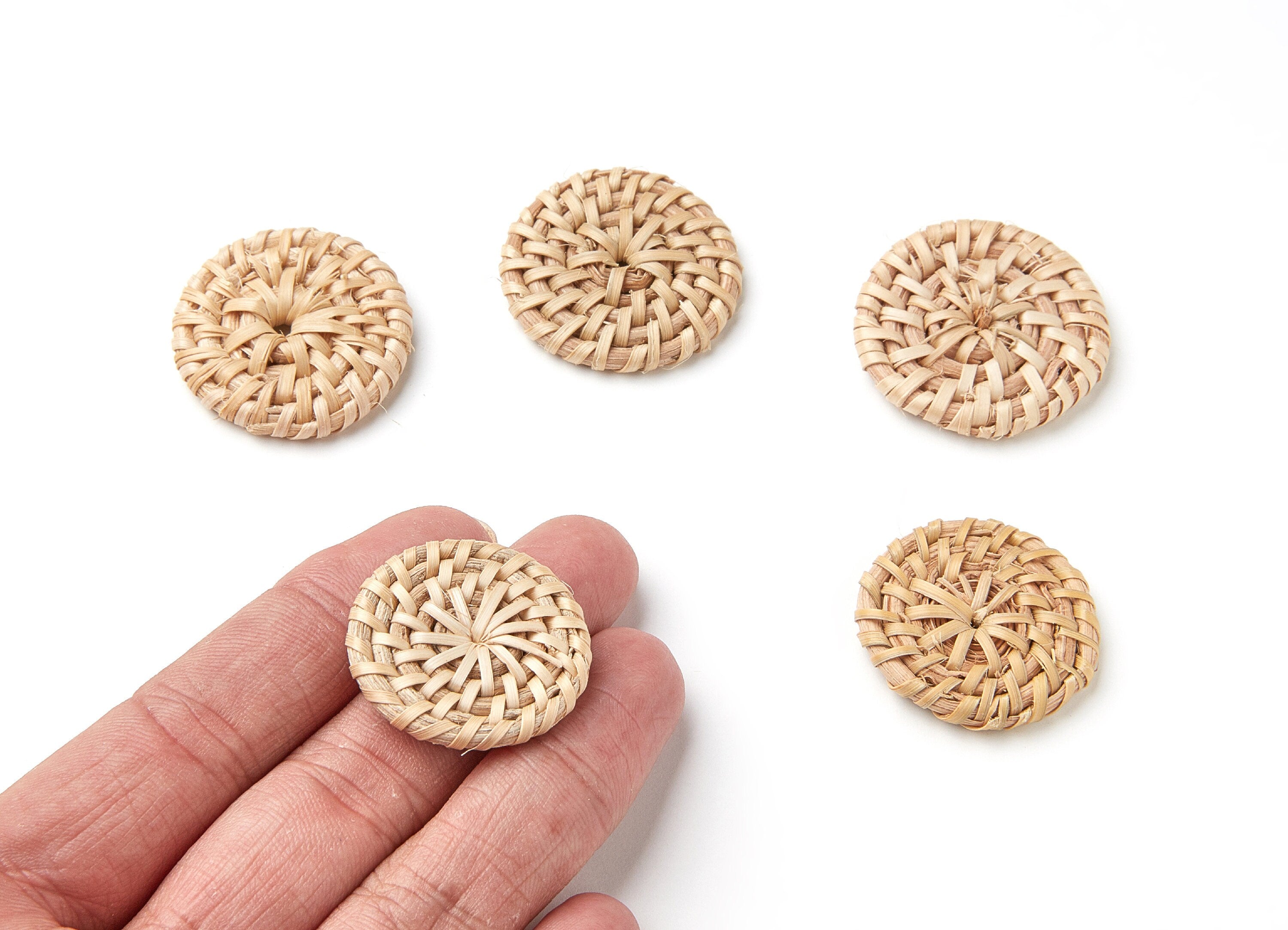 Handwoven Rattan Earrings - Coin Shaped Rattan Pendant - Wooden Straw Earring - Jewelery Handmade - 33.1x33.1x6.3mm - RT1028 - DOMEDBAZAAR