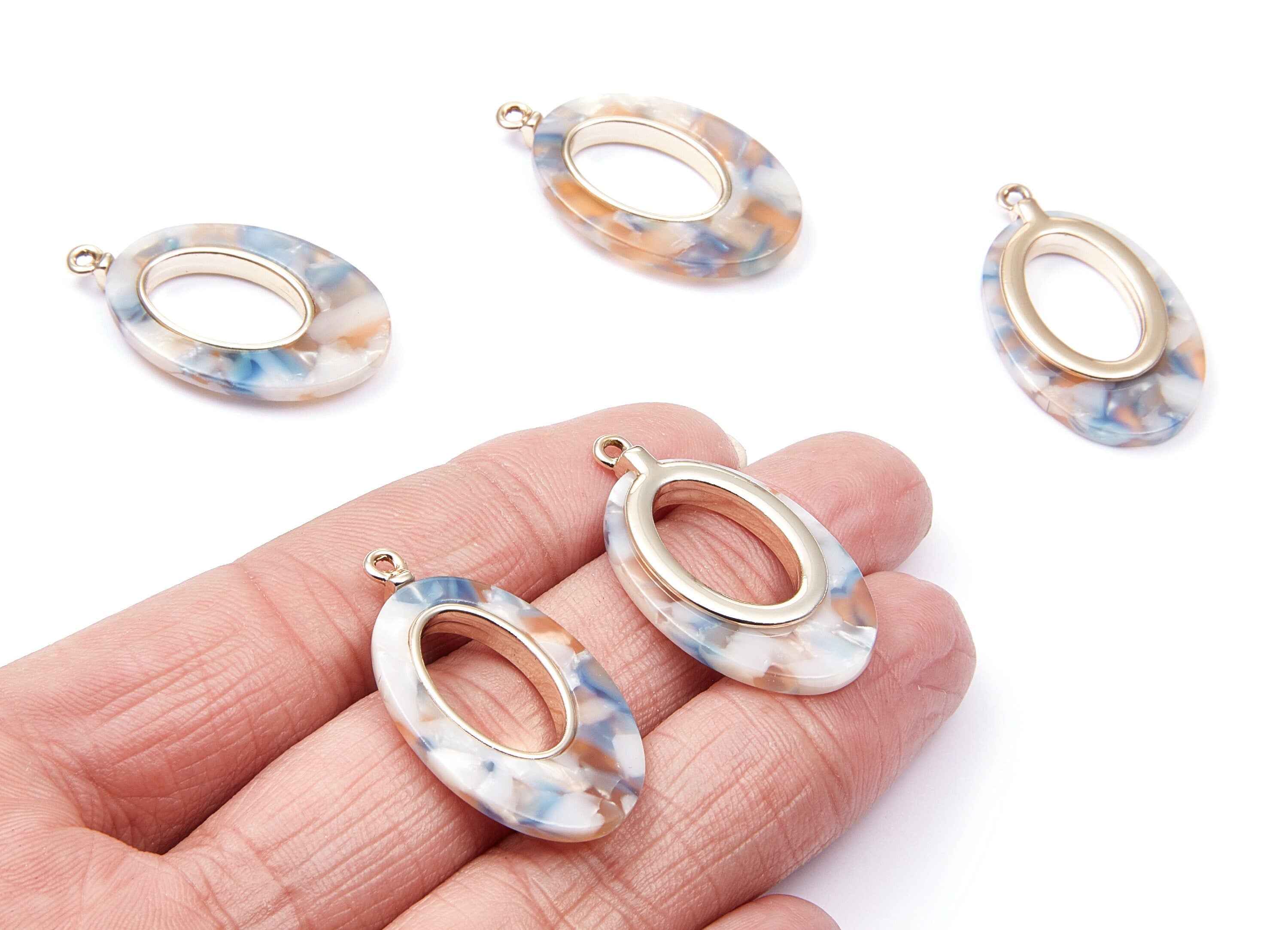 Alloy Frame Cellulose Acetate Charms - Acetate Acrylic Earring Charms - Marquise Shaped Pendant - 34.54x19.86x4.08mm - AC1183A - DOMEDBAZAAR