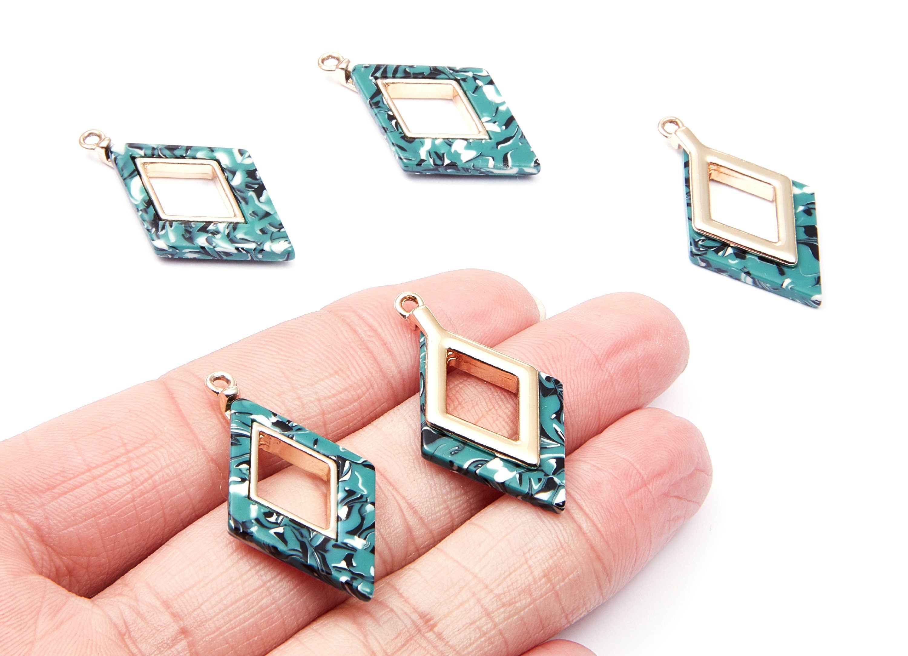Alloy Frame Cellulose Acetate Charms - Acetate Acrylic Earring Charm - Rhombus Pendant -Jewelery Making- 36.04x20.1x4.1mm - AC1185A - DOMEDBAZAAR
