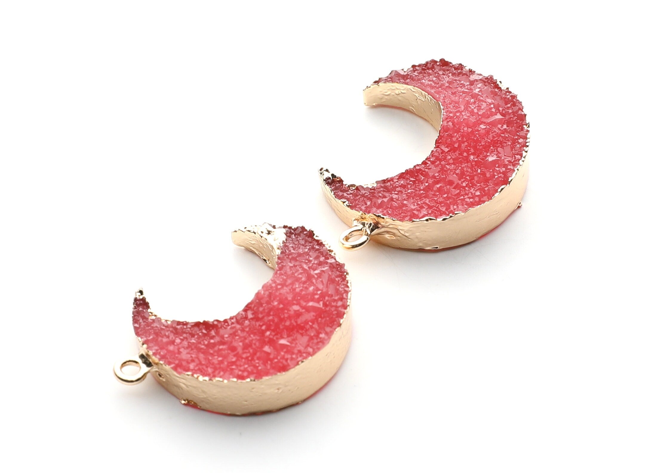 Druzy Earring Charms - Red Resin Copper Earrings for Right Side - Big Moon Shaped Pendant - 30.42x22.96x8.36mm - RC1002B - DOMEDBAZAAR