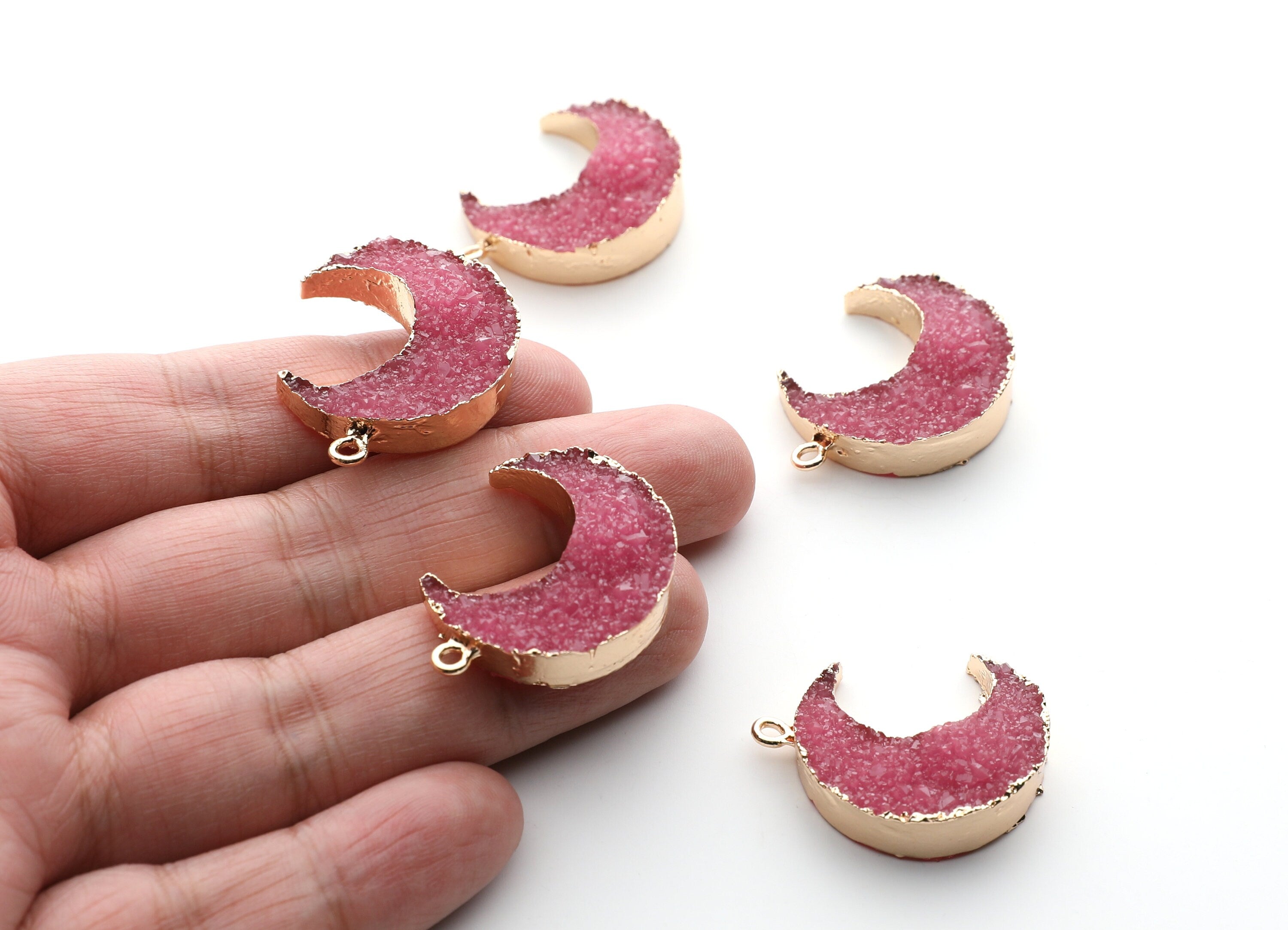 Druzy Earring Charms - Dark Pink Resin Copper Earrings for Right Side - Big Moon Shaped Pendant - 30.42x22.96x8.36mm - RC1002C - DOMEDBAZAAR