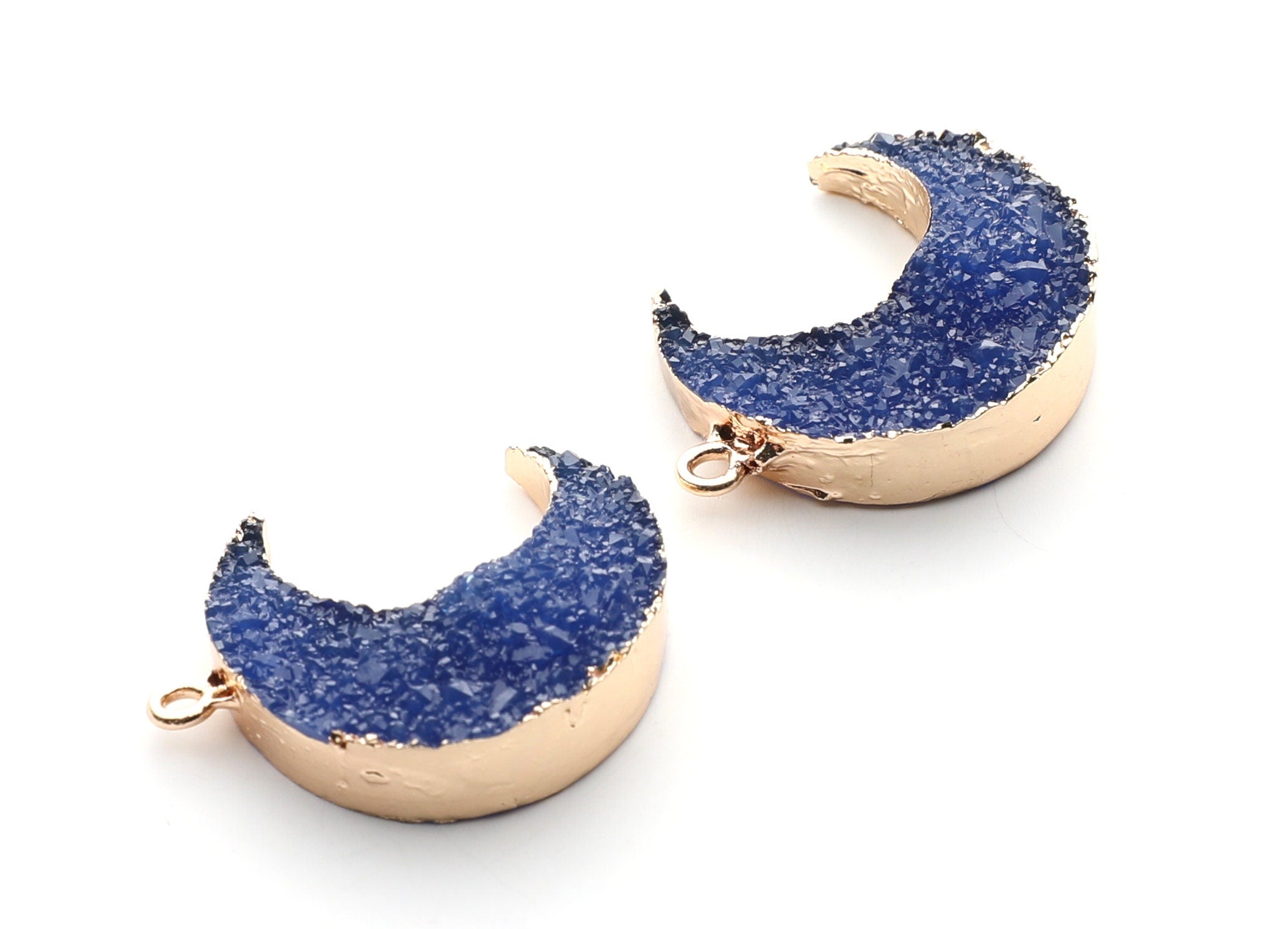 Druzy Earring Charms - Dark Blue Resin Copper Earrings for Right Side - Big Moon Shaped Pendant - 30.42x22.96x8.36mm - RC1002F - DOMEDBAZAAR