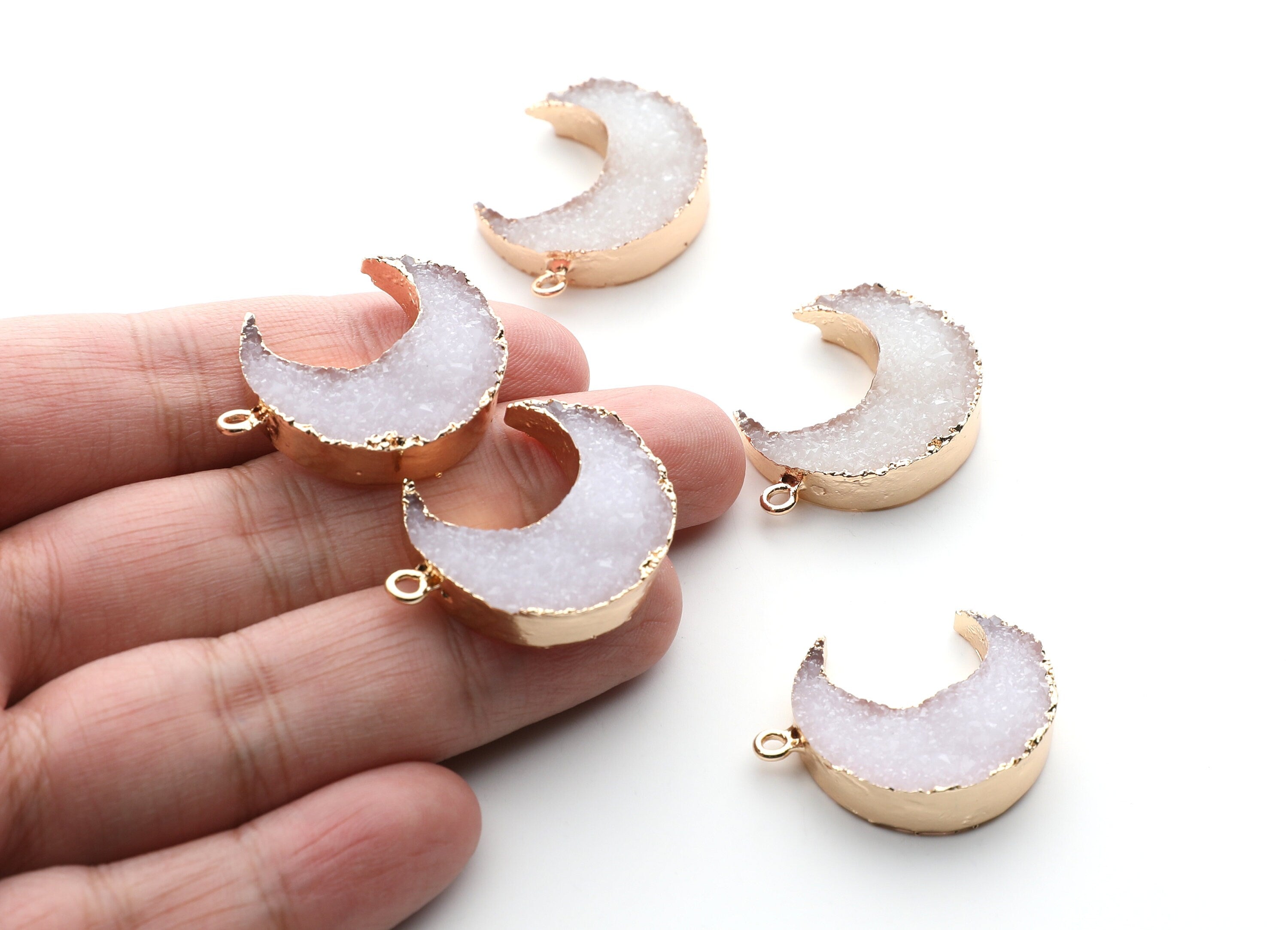 Druzy Earring Charms - White Resin Copper Earrings for Right Side - Big Moon Shaped Pendant - 30.42x22.96x8.36mm - RC1002G - DOMEDBAZAAR