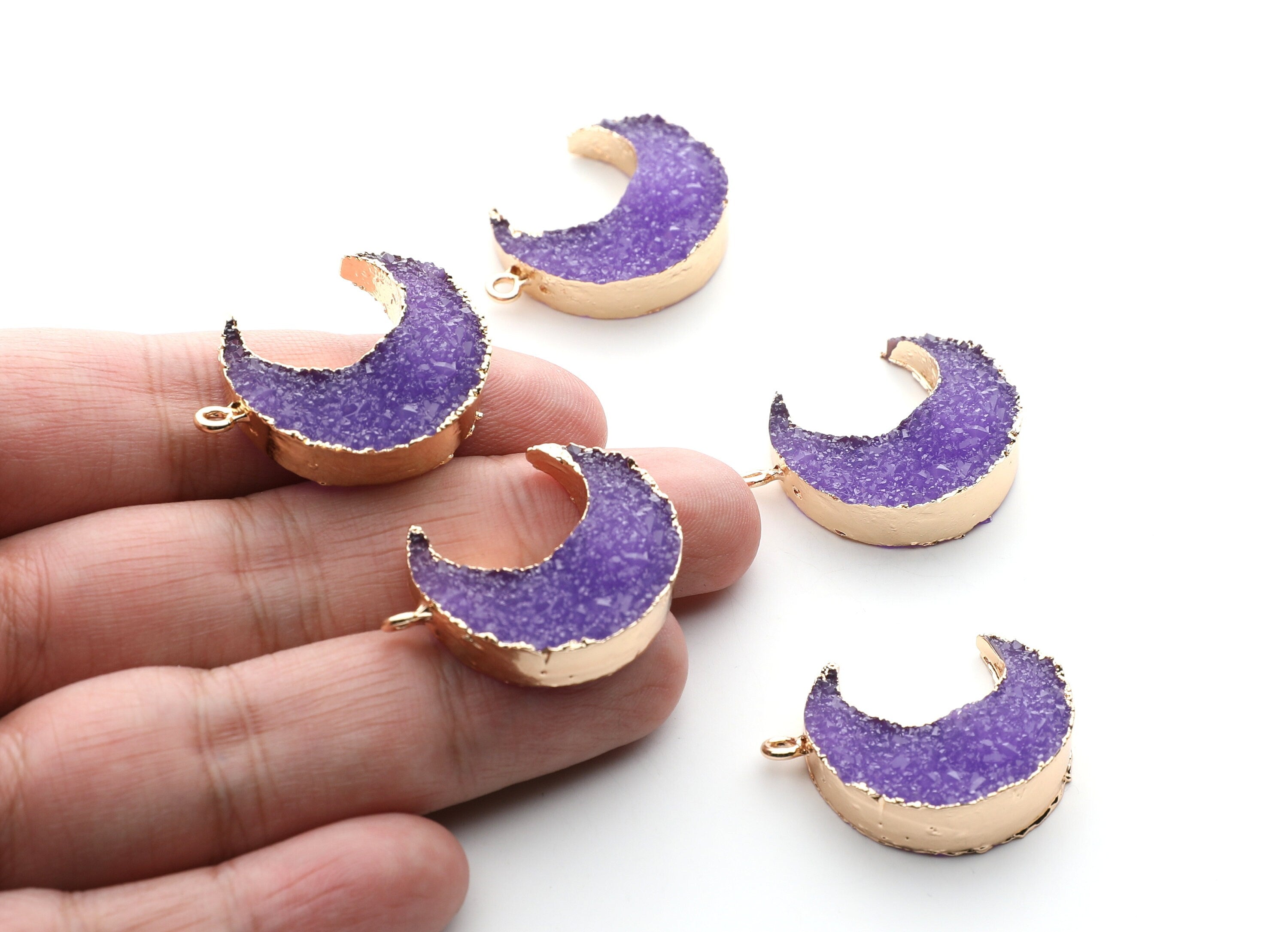 Druzy Earring Charms - Purple Resin Copper Earrings for Right Side - Big Moon Shaped Pendant - 30.42x22.96x8.36mm - RC1002H - DOMEDBAZAAR