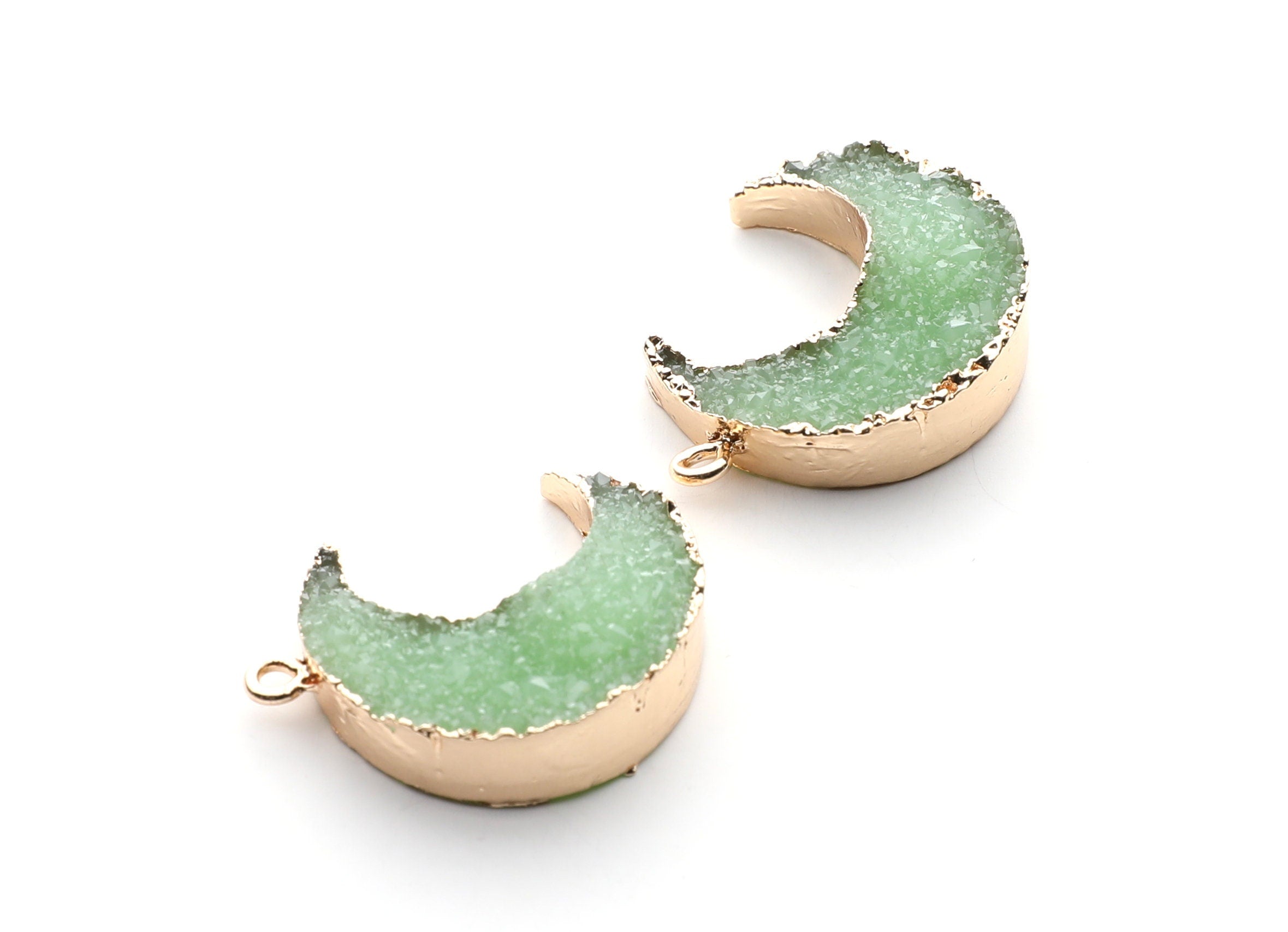 Druzy Earring Charms - Light Green Resin Copper Earrings for Right Side - Big Moon Shaped Pendant - 30.42x22.96x8.36mm - RC1002J - DOMEDBAZAAR
