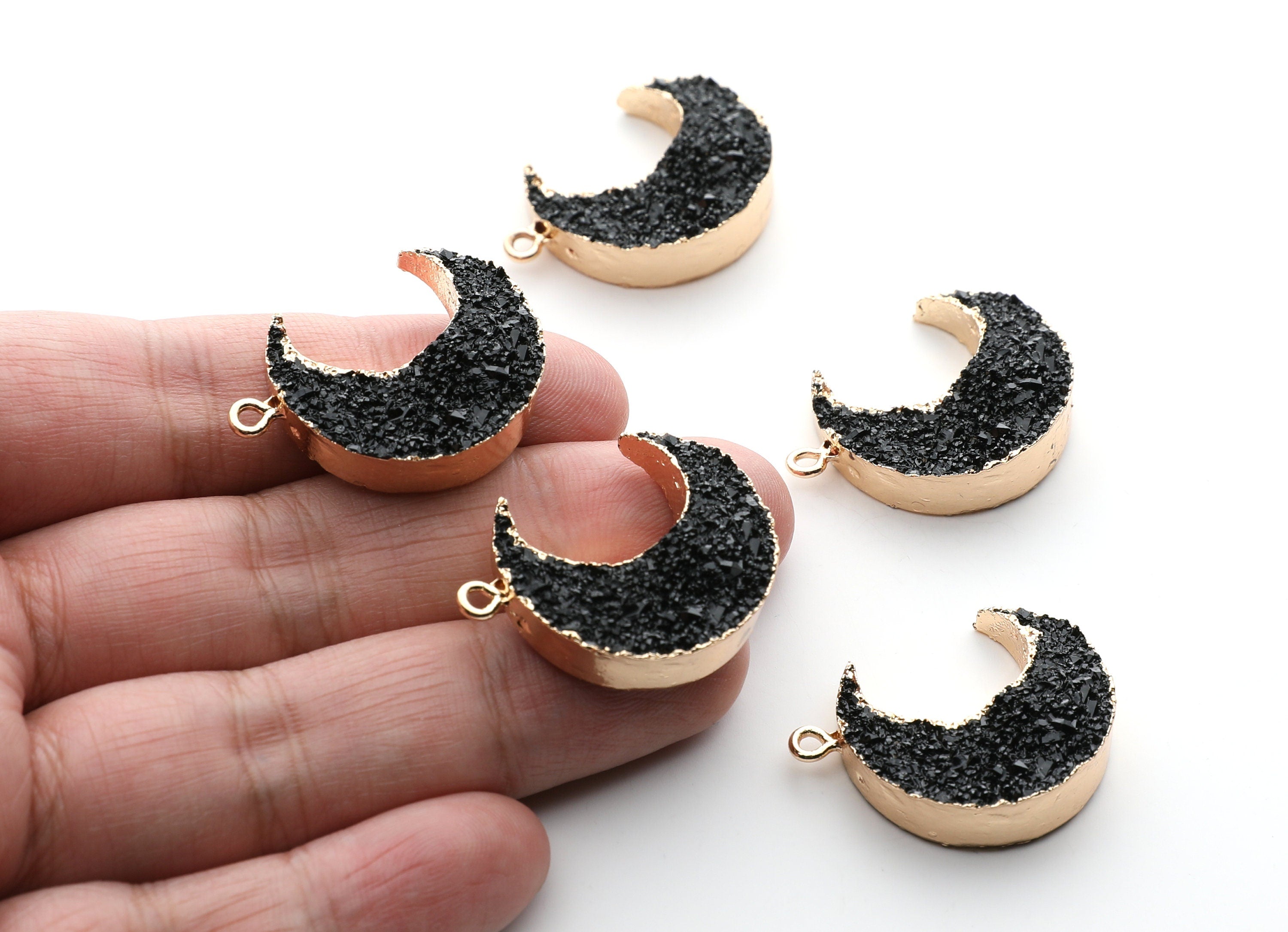 Druzy Earring Charms - Black Resin Copper Earrings for Right Side - Big Moon Shaped Pendant - 30.42x22.96x8.36mm - RC1002K - DOMEDBAZAAR