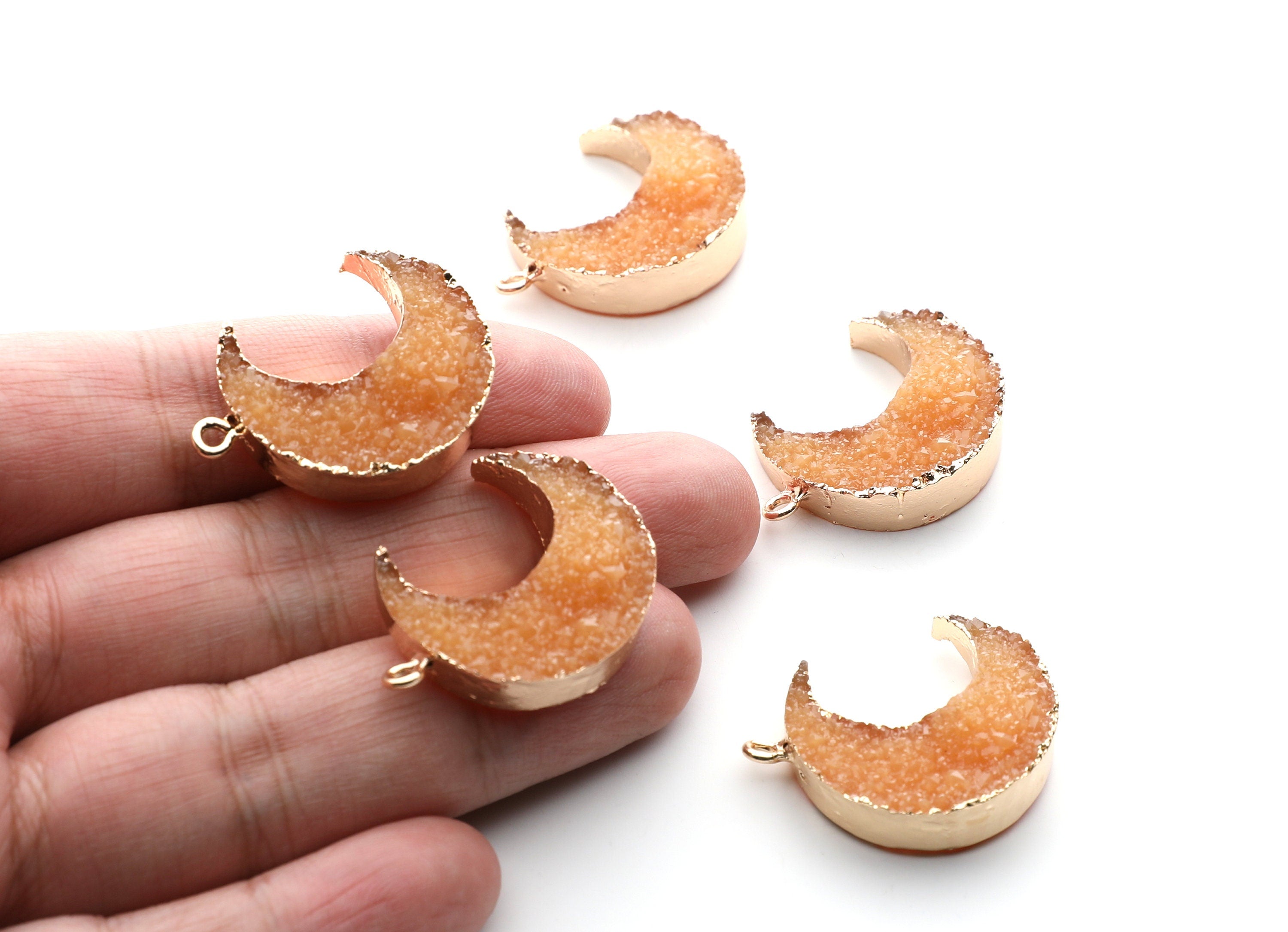 Druzy Earring Charms - Orange Resin Copper Earrings for Right Side - Big Moon Shaped Pendant - 30.42x22.96x8.36mm - RC1002O - DOMEDBAZAAR