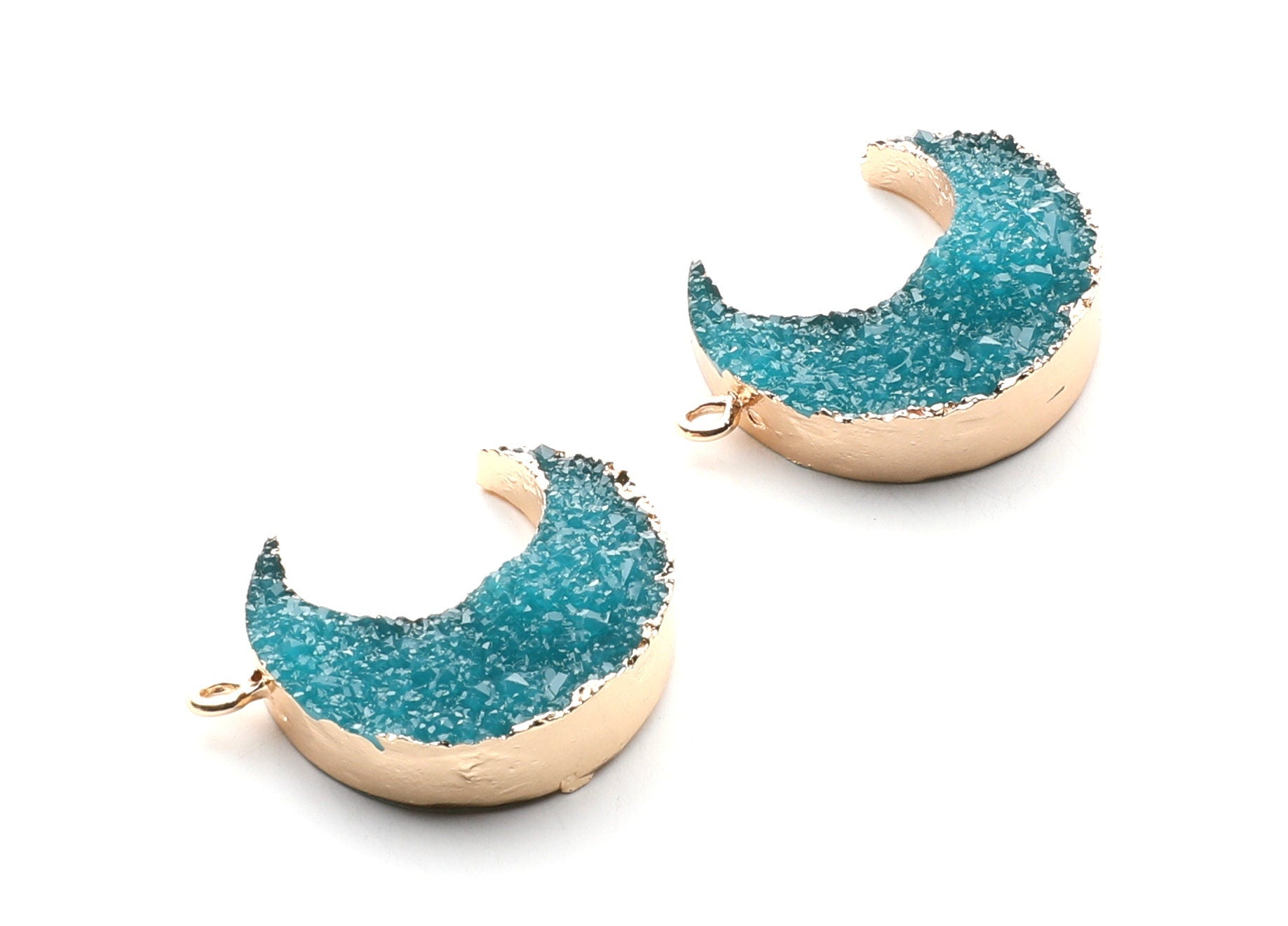 Druzy Earring Charms - Light Blue Resin Copper Earrings for Right Side - Big Moon Shaped Pendant - 30.42x22.96x8.36mm - RC1002D - DOMEDBAZAAR