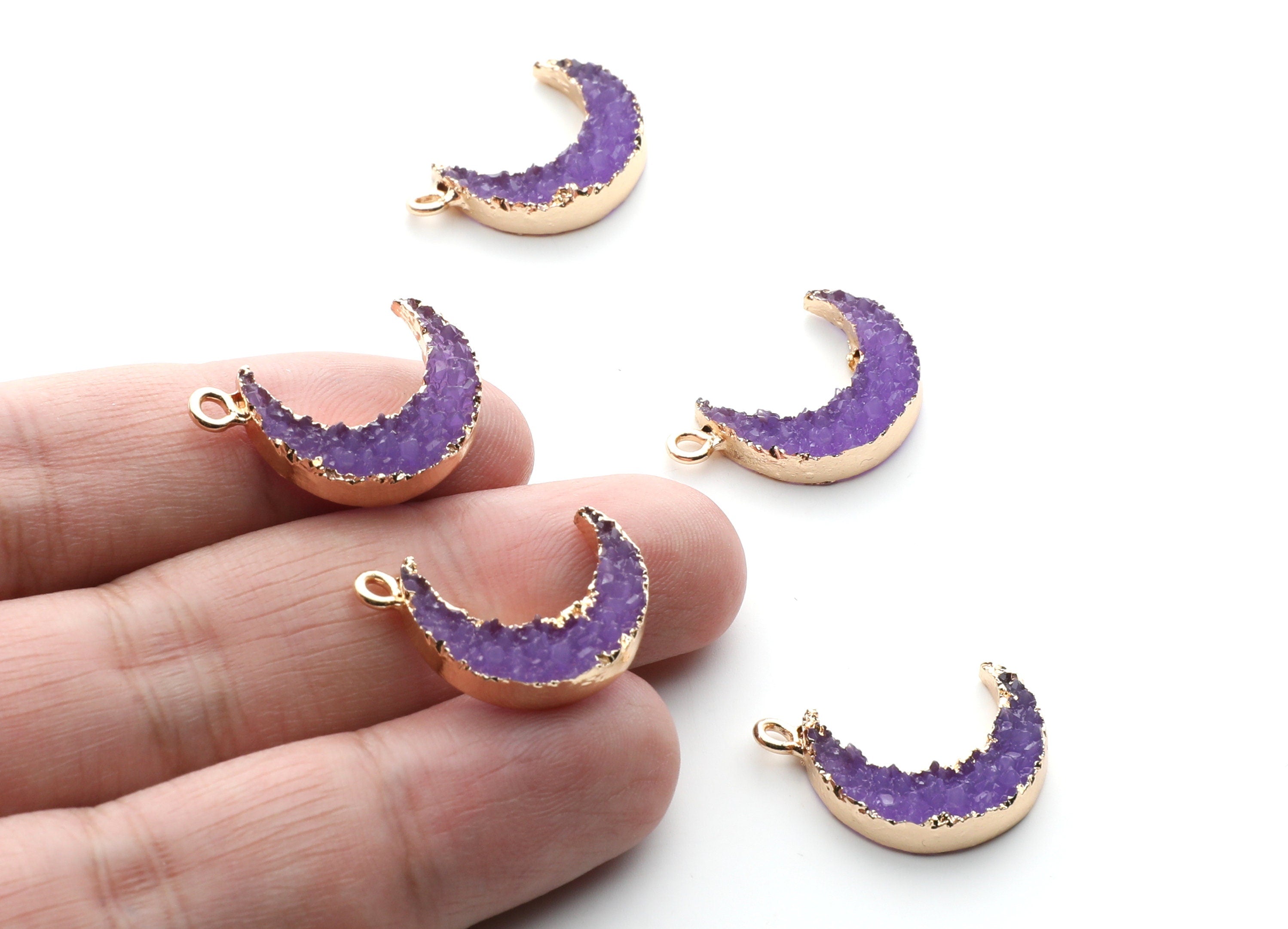 Druzy Earring Charms - Purple Resin Copper Earrings for Right Side - Moon Shaped Pendant - 24.34x15.92x5.14mm - RC1007C - DOMEDBAZAAR