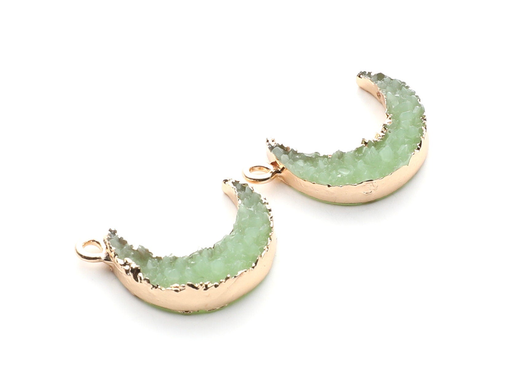 Druzy Earring Charms - Light Green Resin Copper Earrings for Right Side - Moon Shaped Pendant - 24.34x15.92x5.14mm - RC1007K - DOMEDBAZAAR