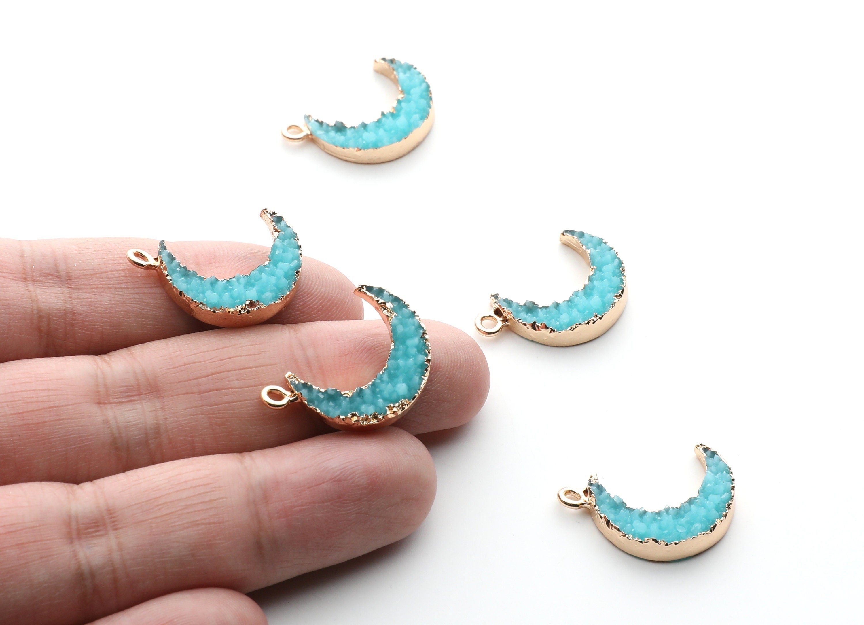 Druzy Earring Charms - Light Blue Resin Copper Earrings for Right Side - Moon Shaped Pendant - 24.34x15.92x5.14mm - RC1007P - DOMEDBAZAAR