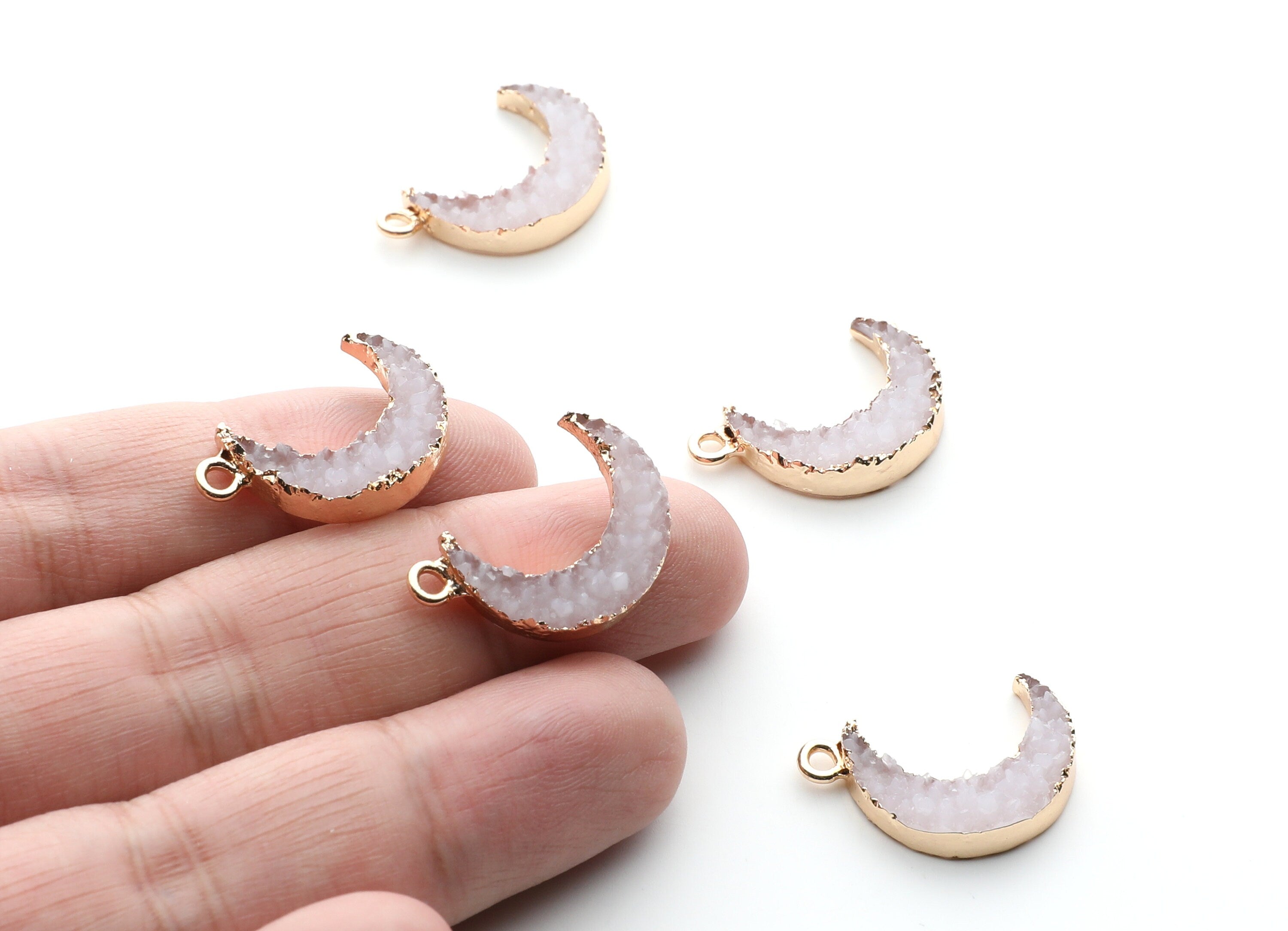 Druzy Earring Charms - White Resin Copper Earrings for Right Side - Moon Shaped Pendant - 24.34x15.92x5.14mm - RC1007E - DOMEDBAZAAR