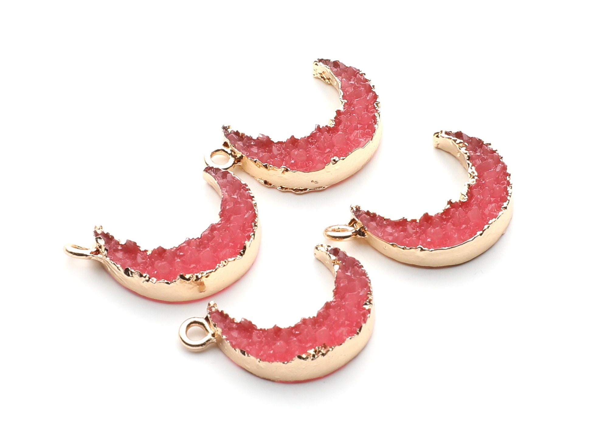 Druzy Earring Charms - Pink Resin Copper Earrings for Right Side - Moon Shaped Pendant - 24.34x15.92x5.14mm - RC1007G - DOMEDBAZAAR