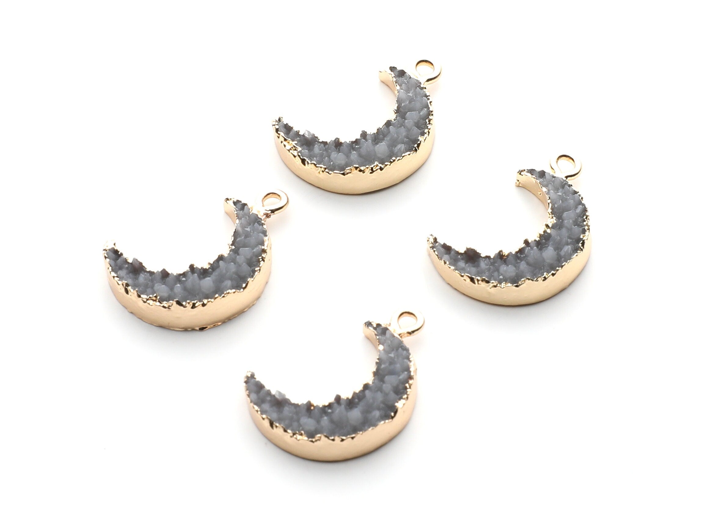 Druzy Earring Charms - Gray Resin Copper Earrings for Left Side - Moon Shaped Pendant - 23.5x15.6x5.27mm - RC1006P - DOMEDBAZAAR