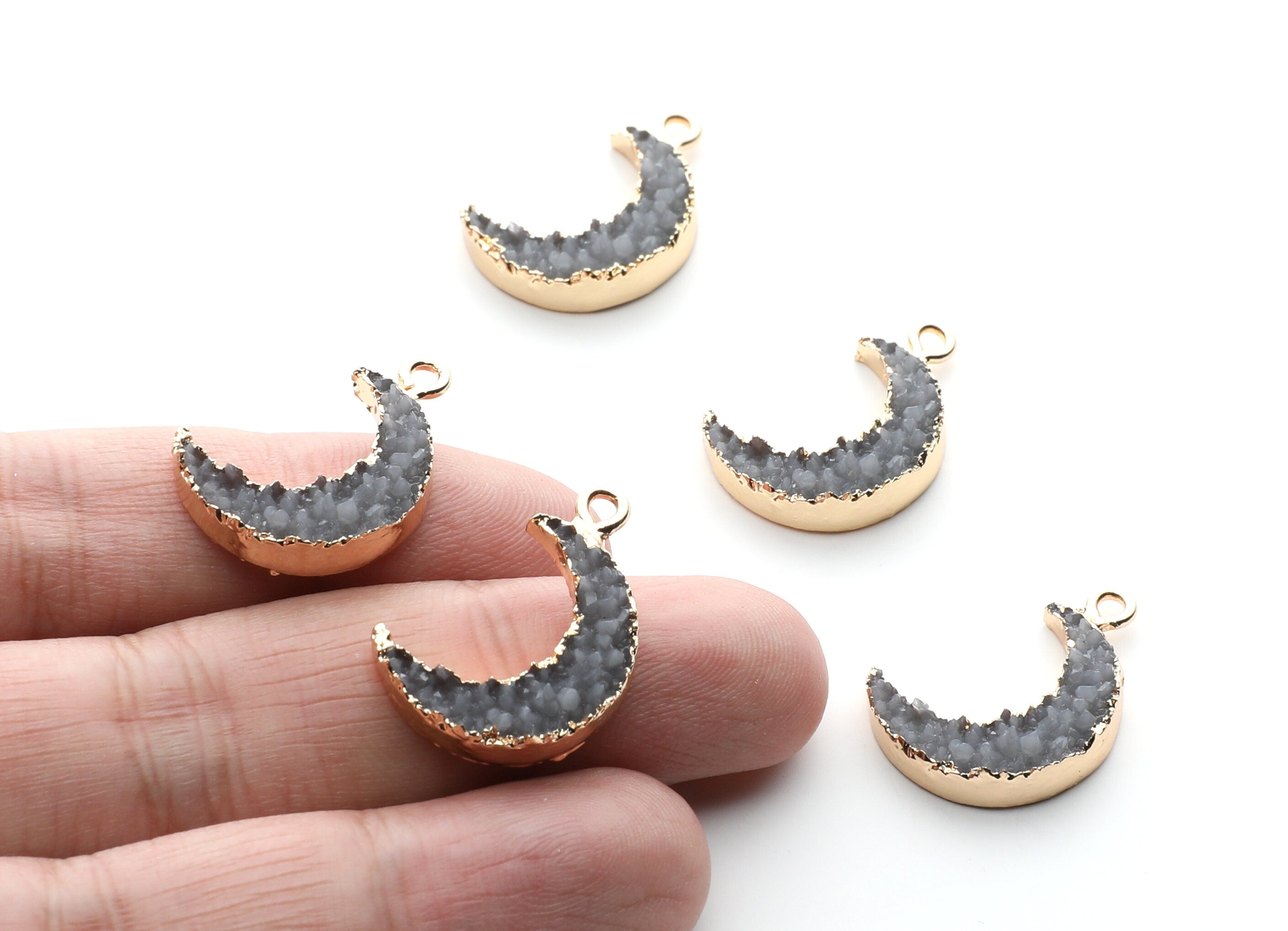 Druzy Earring Charms - Gray Resin Copper Earrings for Left Side - Moon Shaped Pendant - 23.5x15.6x5.27mm - RC1006P - DOMEDBAZAAR