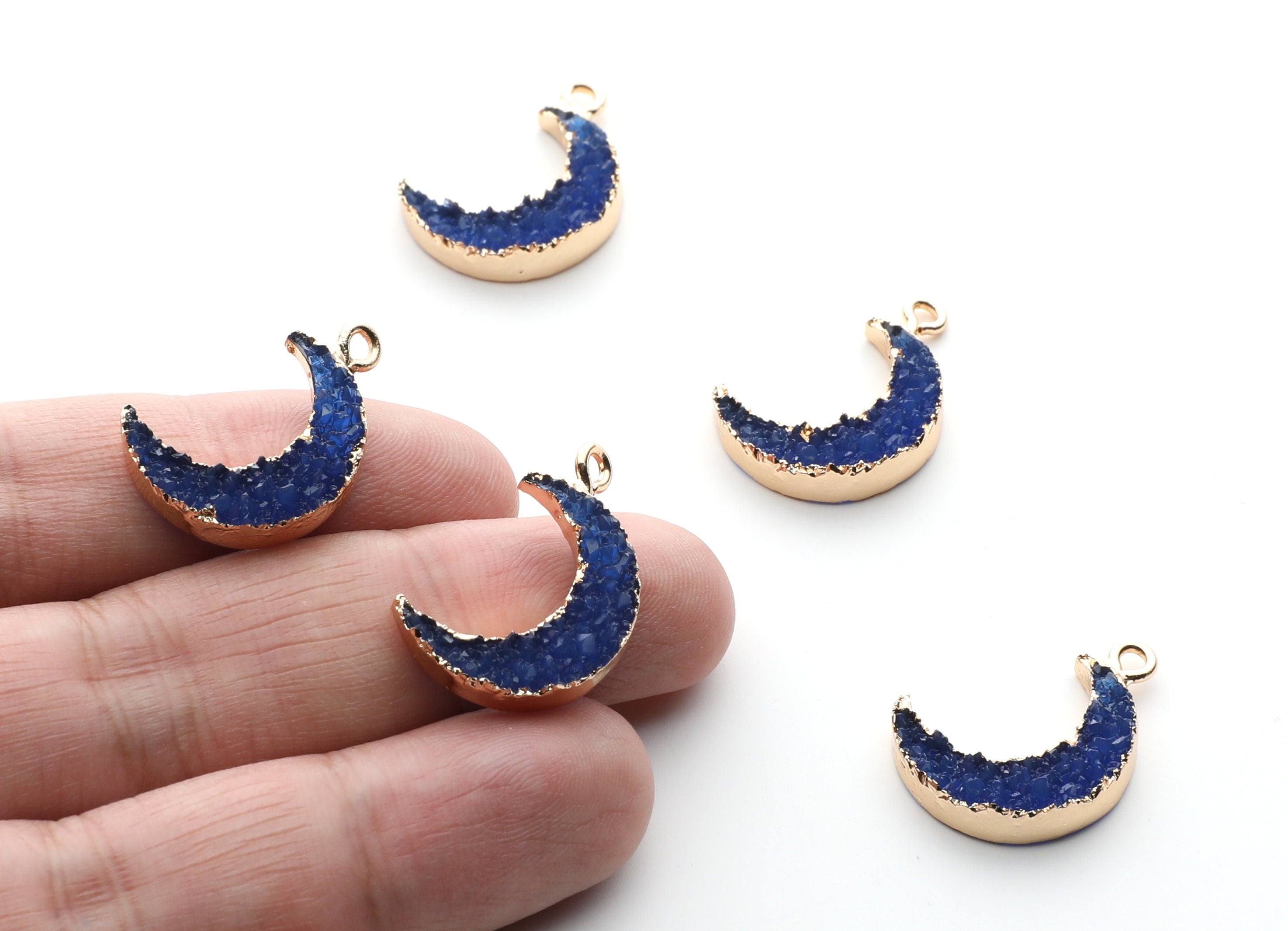 Druzy Earring Charms - Dark Blue Resin Copper Earrings for Left Side - Moon Shaped Pendant - 23.5x15.6x5.27mm - RC1006A - DOMEDBAZAAR
