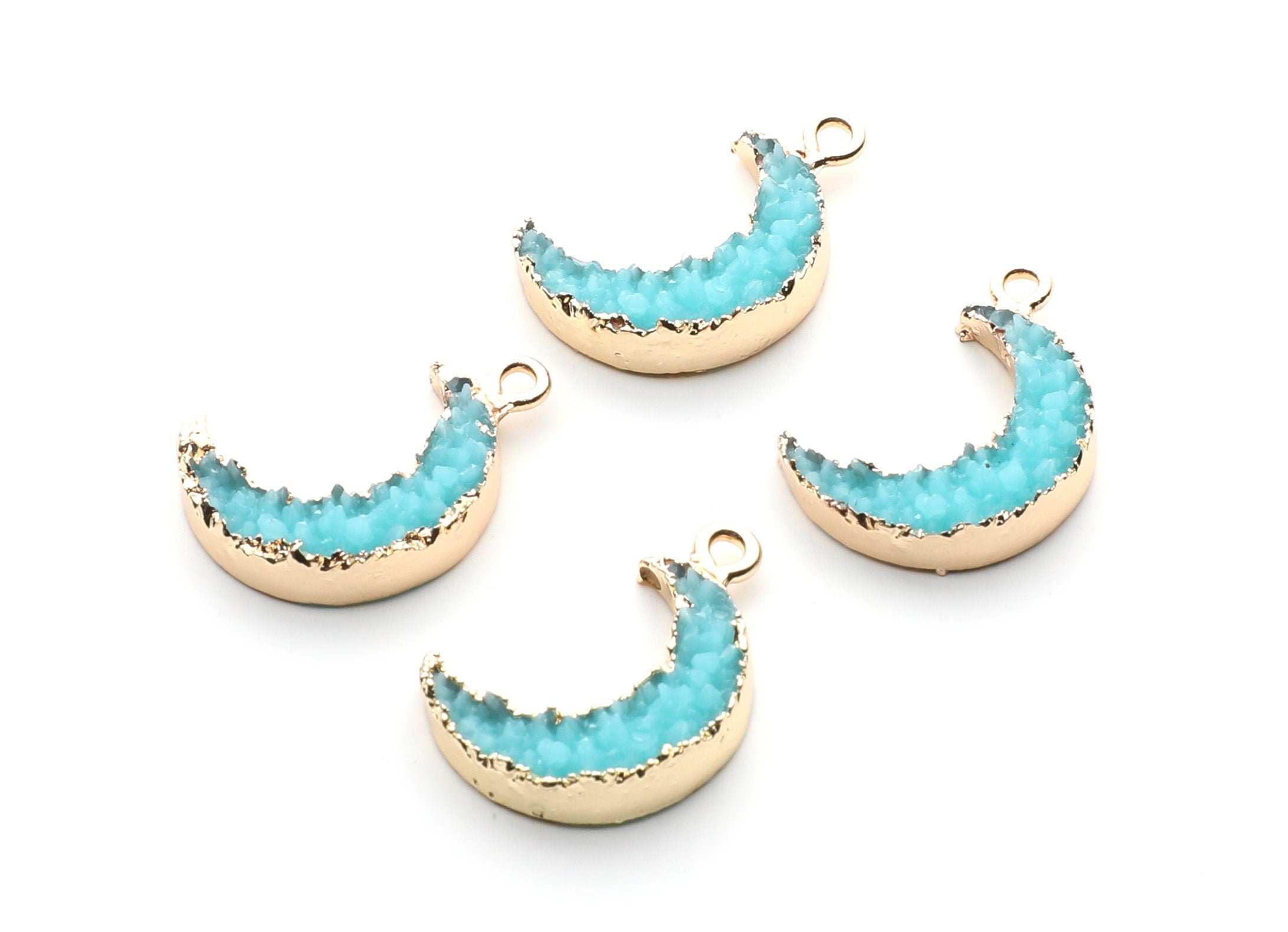 Druzy Earring Charms - Light Blue Resin Copper Earrings for Left Side - Moon Shaped Pendant - 23.5x15.6x5.27mm - RC1006L - DOMEDBAZAAR