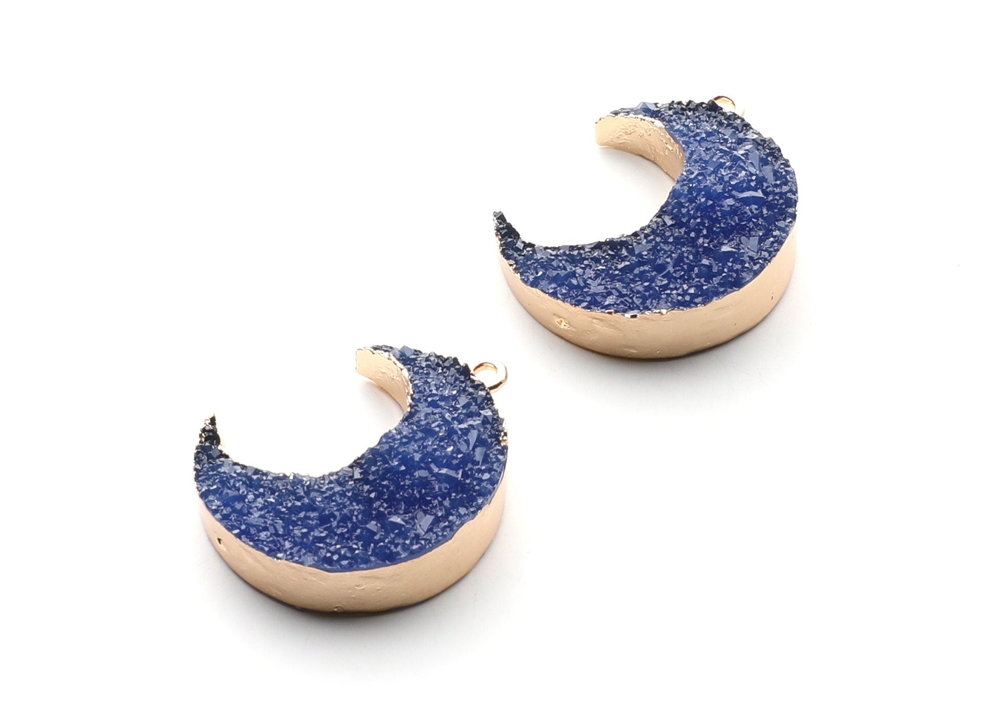 Druzy Earring Charms - Dark Blue Resin Copper Earrings for Left Side - Big Moon Shaped Pendant - 30.42x22.96x8.36mm - RC1004A - DOMEDBAZAAR