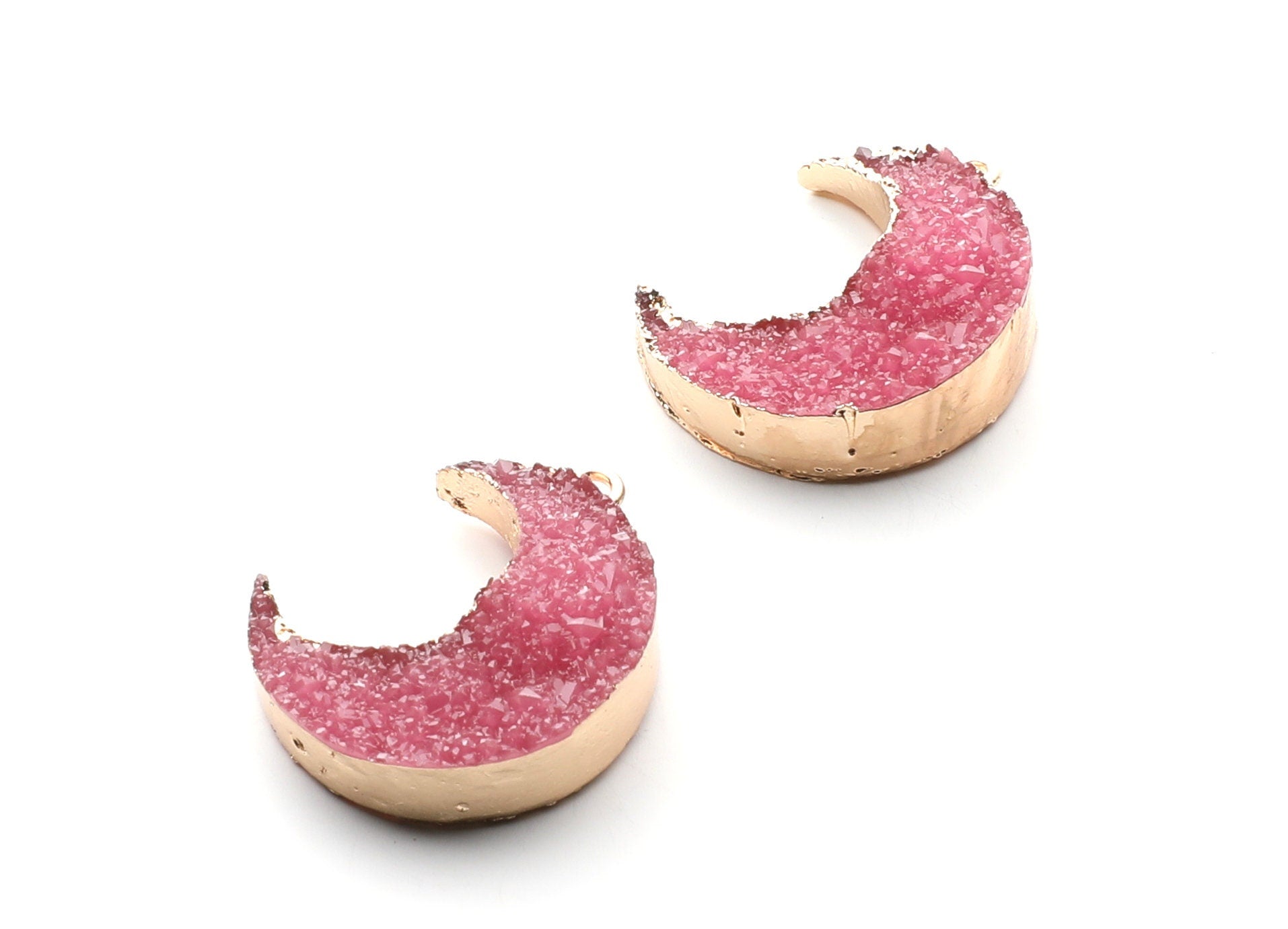 Druzy Earring Charms - Dark Pink Resin Copper Earrings for Left Side - Big Moon Shaped Pendant - 30.42x22.96x8.36mm - RC1004B - DOMEDBAZAAR