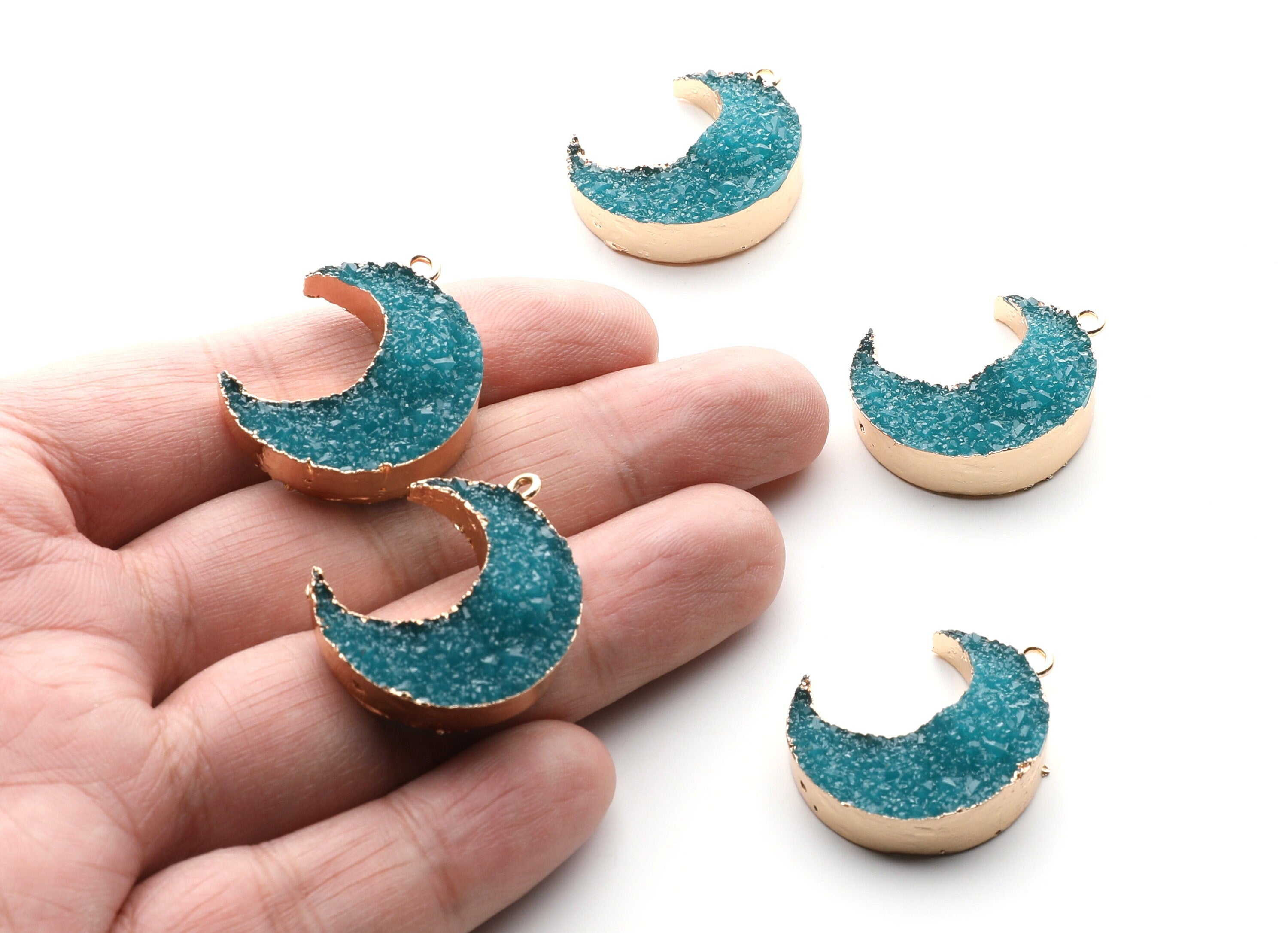 Druzy Earring Charms - Light Blue Resin Copper Earrings for Left Side - Big Moon Shaped Pendant - 30.42x22.96x8.36mm - RC1004C - DOMEDBAZAAR