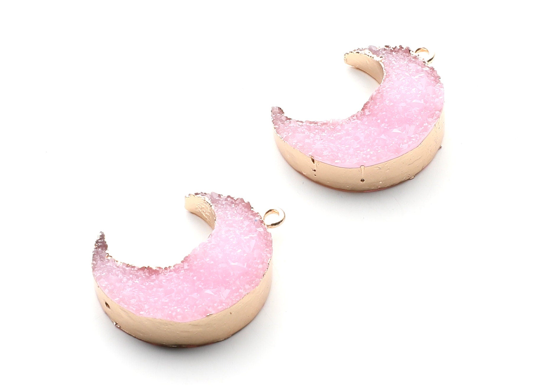 Druzy Earring Charms - Pink Resin Copper Earrings for Left Side - Big Moon Shaped Pendant - 30.42x22.96x8.36mm - RC1004F - DOMEDBAZAAR