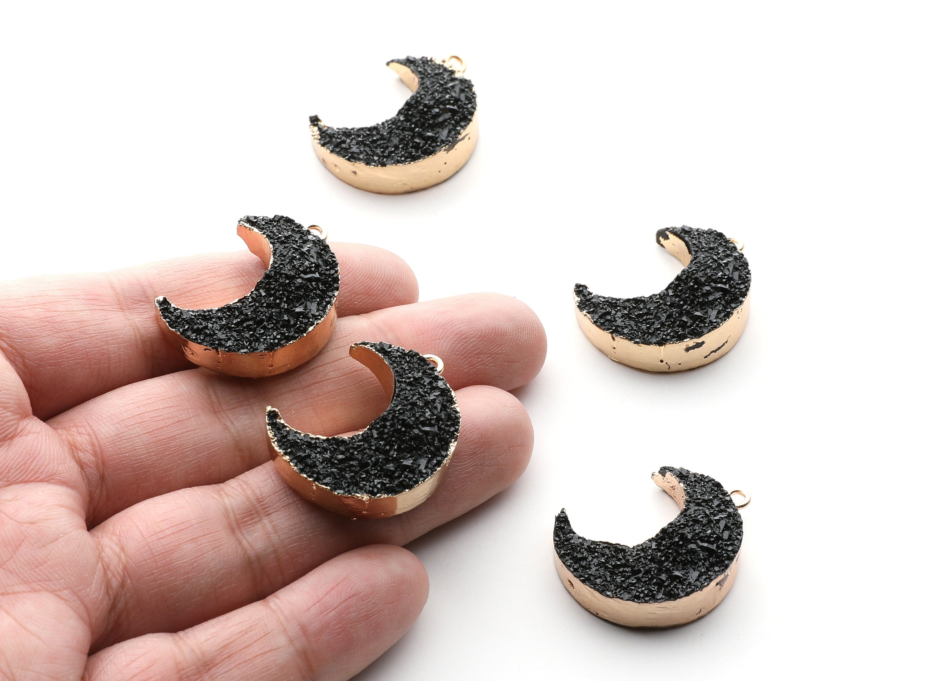 Druzy Earring Charms - Black Resin Copper Earrings for Left Side - Big Moon Shaped Pendant - 30.42x22.96x8.36mm - RC1004L - DOMEDBAZAAR