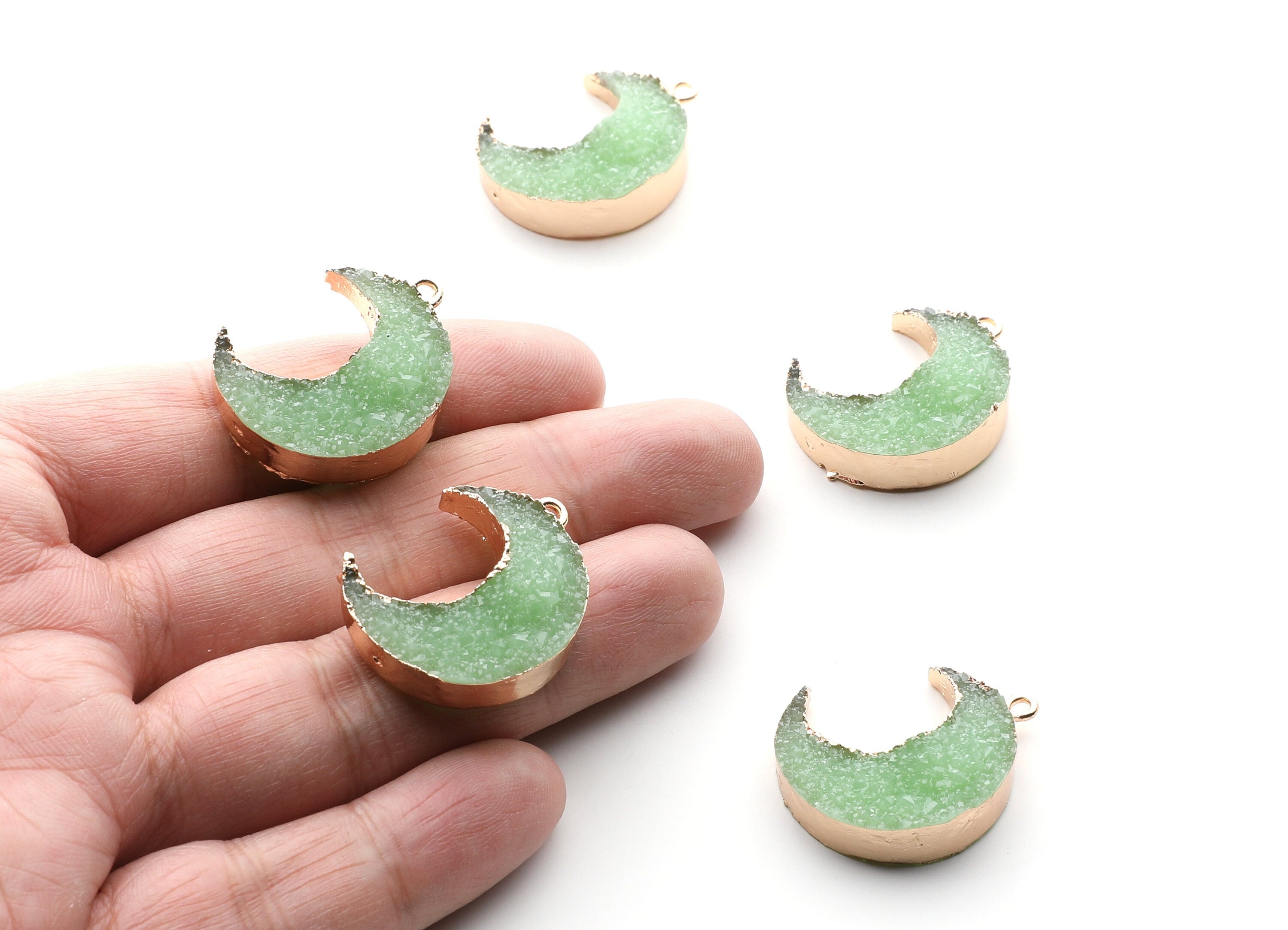 Druzy Earring Charms - Light Green Resin Copper Earrings for Left Side - Big Moon Shaped Pendant - 30.42x22.96x8.36mm - RC1004P - DOMEDBAZAAR