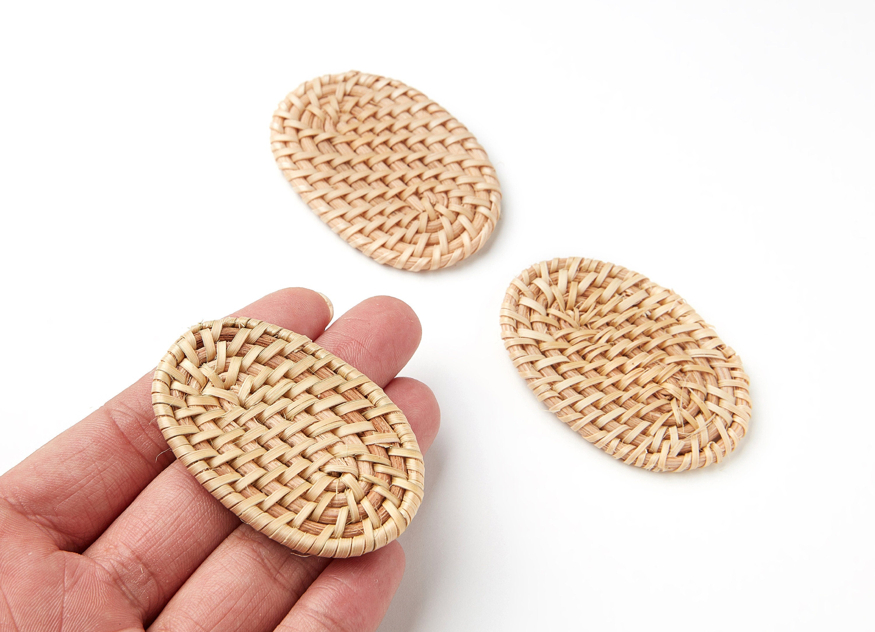 Handwoven Rattan Earrings - Oval Shaped Rattan Pendant - Wooden Straw Earring - Jewelery Handmade - 63.98x40.7x4.61mm - RT1008 - DOMEDBAZAAR