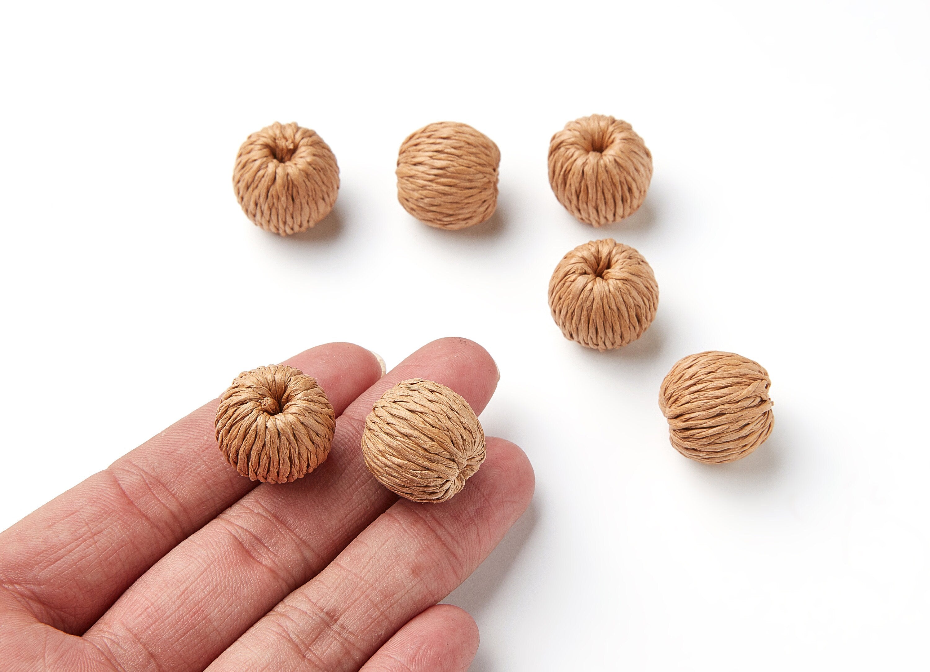 Handwoven Paper Rope Earrings - Ball Shaped Paper Rope Pendant - Wooden Straw Earring - Jewelery Handmade - 19,4x18,2mm - RT1076 - DOMEDBAZAAR