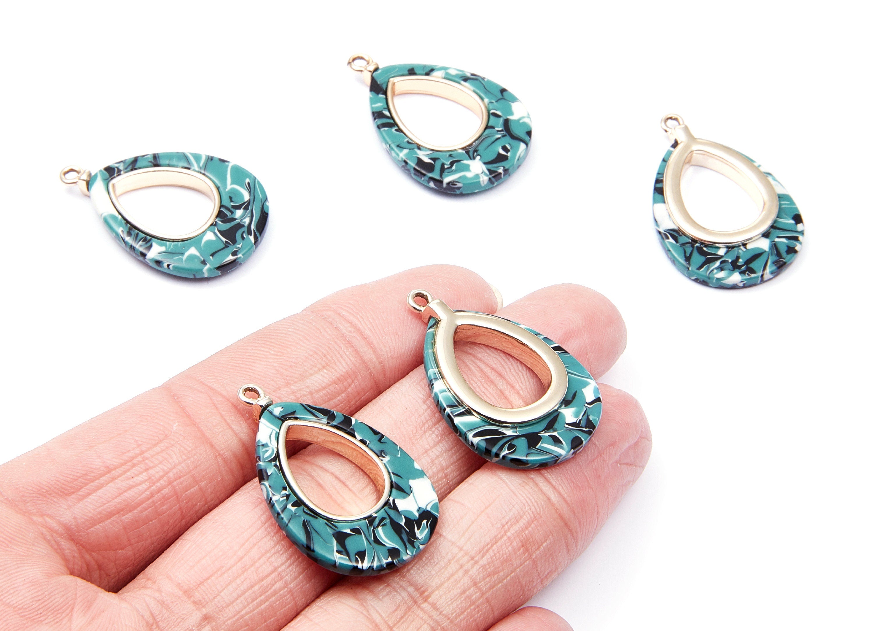 Alloy Frame Cellulose Acetate Charms - Acetate Acrylic Earring Charms - Marquise Shaped Pendant - 33.1x21.39x3.8mm - AC1182G - DOMEDBAZAAR