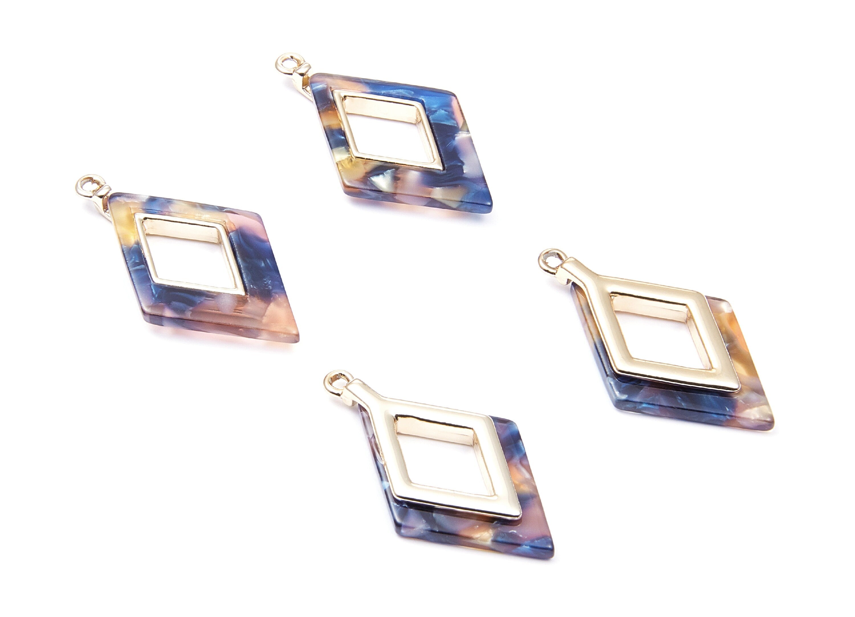 Alloy Frame Cellulose Acetate Charms - Acetate Acrylic Earring Charm - Rhombus Pendant -Jewelery Making- 36.04x20.1x4.1mm - AC1185E - DOMEDBAZAAR
