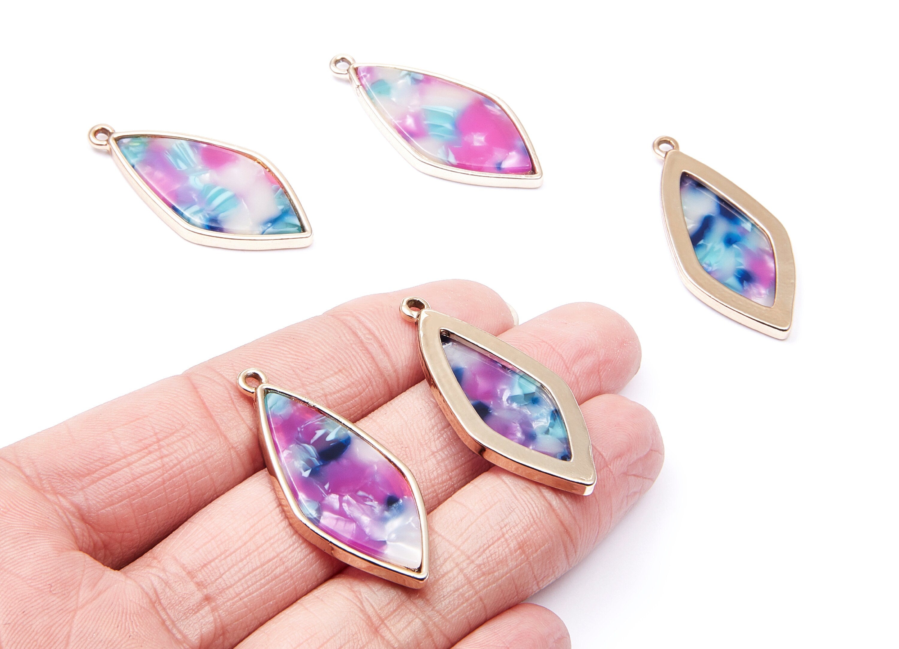 Alloy Frame Cellulose Acetate Charms - Acetate Acrylic Earring Charm - Rhombus Shaped Pendant -Jewelery Making- 40,55x18,37x2,85mm - AC1240A - DOMEDBAZAAR