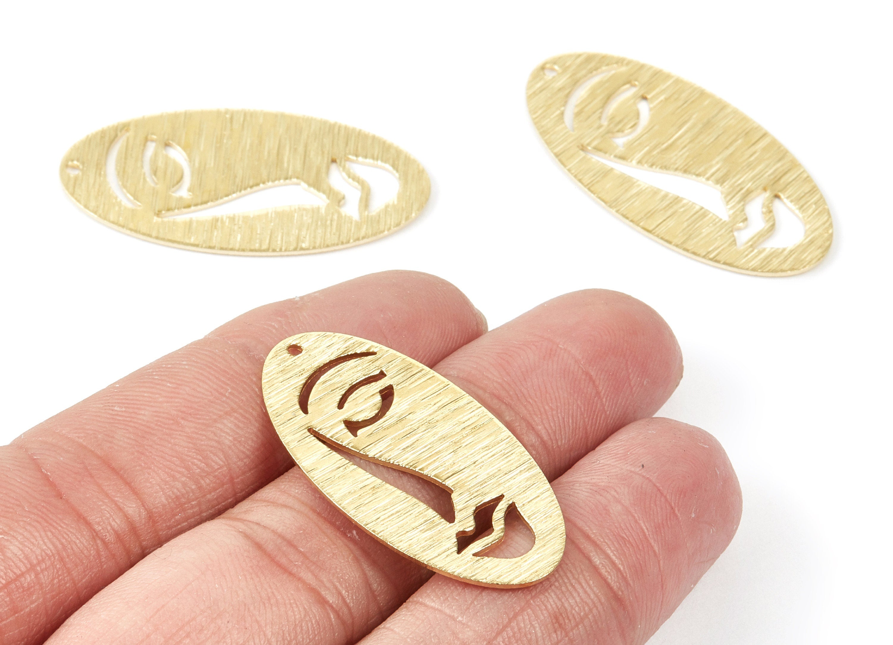 Brass Textured Face Charms - Textured Face Shaped Raw Brass Pendant - Brass Earring Findings - Jewelry Supplies - 37.88x19.1x0.92mm - PP1874 - DOMEDBAZAAR
