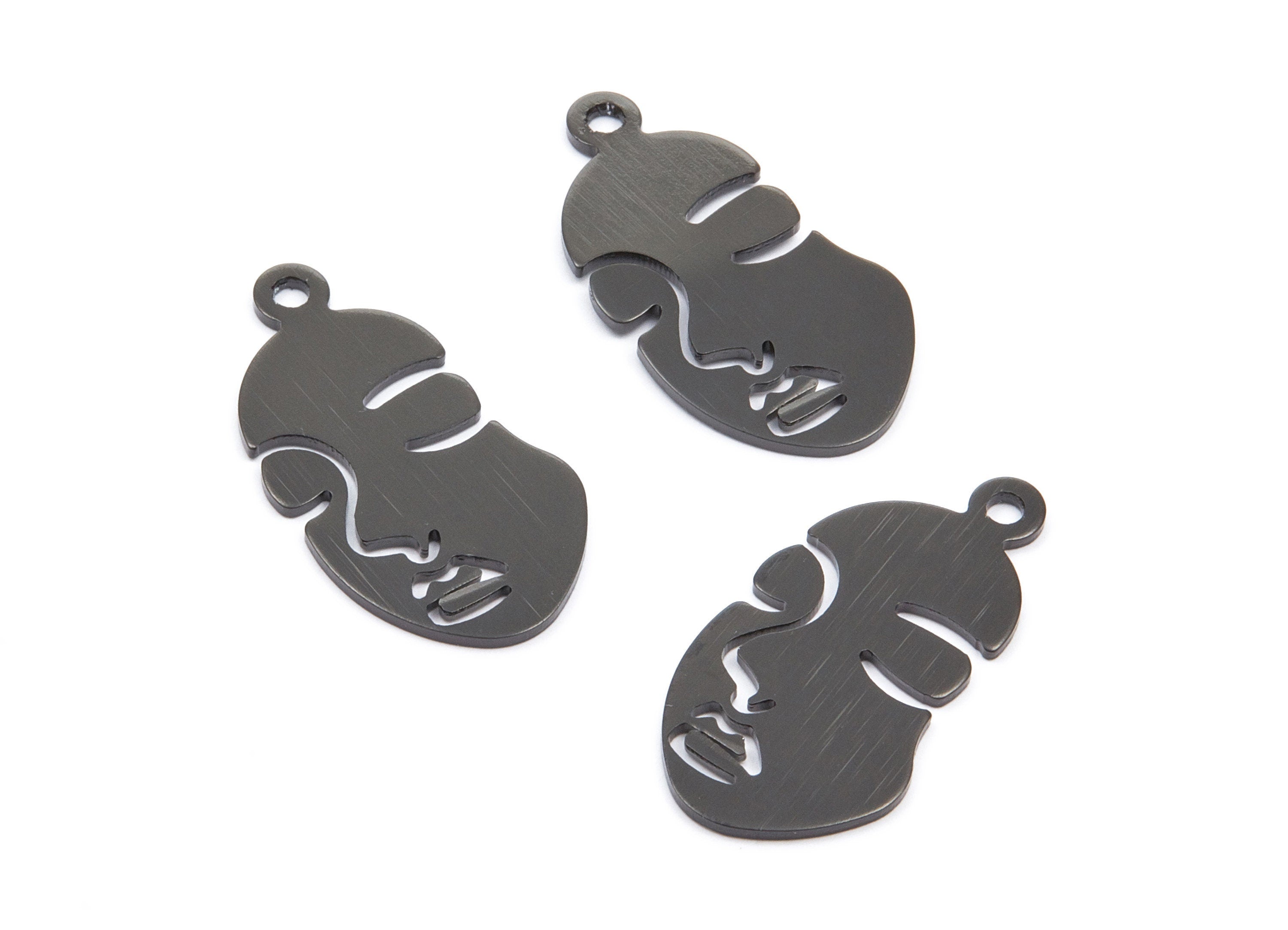 Aluminum Charms - Face Shaped Earrings - Anodized Aluminium Charms - Black Tone - 33,65x17,15x1,3mm - AA1139C - DOMEDBAZAAR