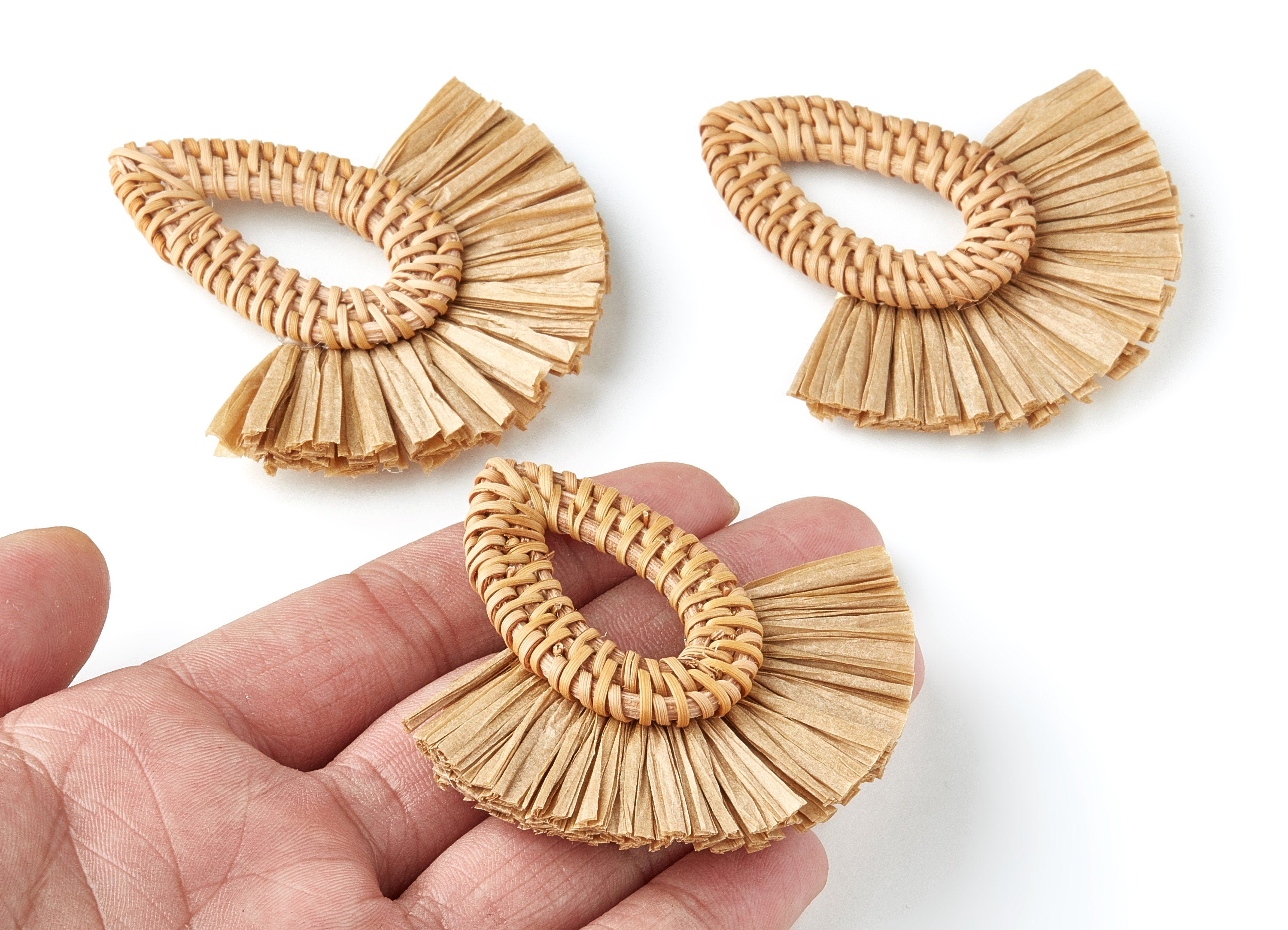 Handwoven Rattan with Raffia Tassels Charms - Water Drop Shape Rattan Pendant - Wooden Straw Earring - 68.8x74.4x6mm - RT1160 - DOMEDBAZAAR