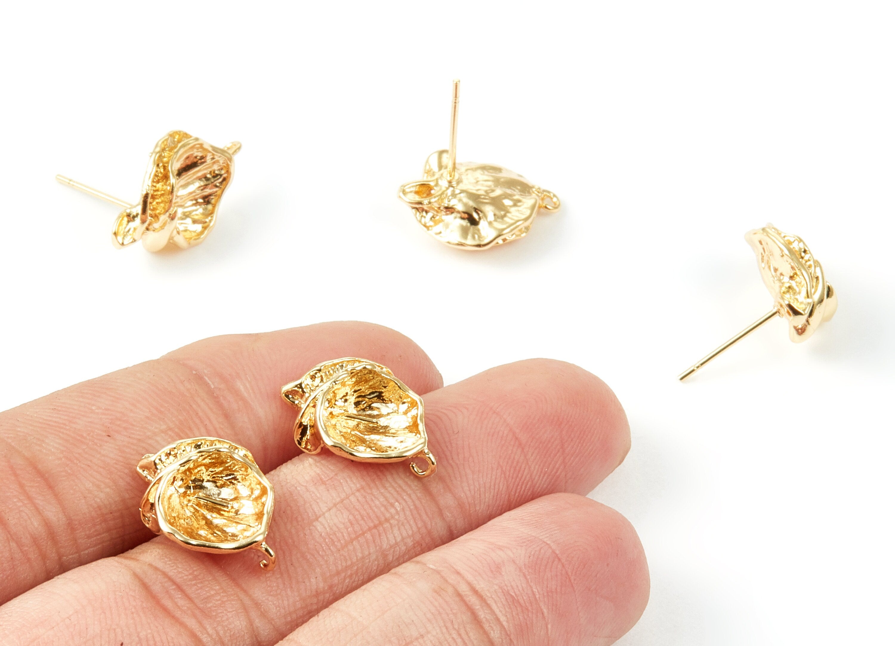 18K Real Gold Plated Brass - Post Stud With Shell Shape Head - Earring Stud With Hook - Jewelry Supplies - 18x12.5x5.41mm - RGP1016 - DOMEDBAZAAR