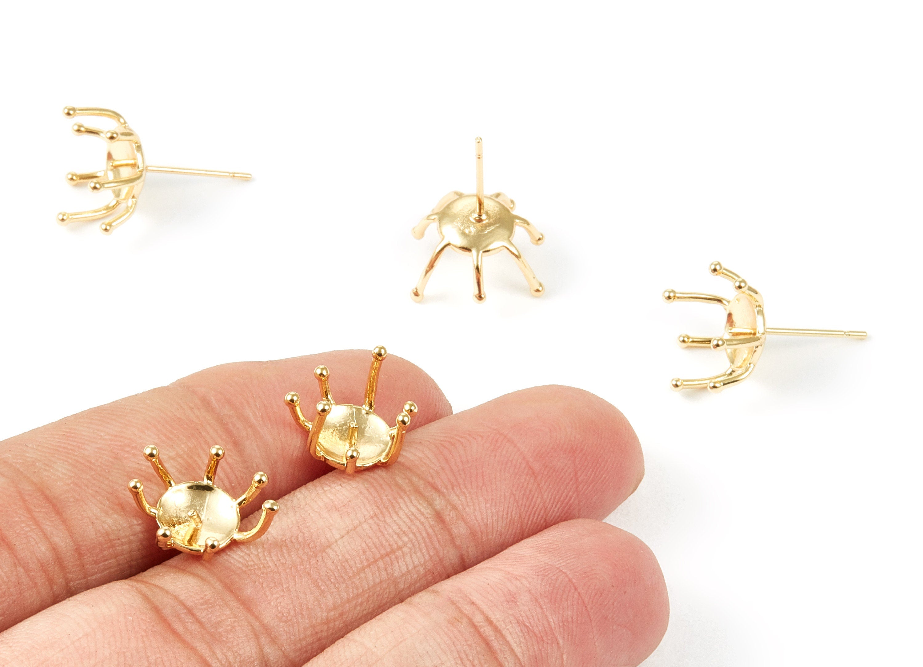 18K Real Gold Plated Brass Earring Post Stud - Earring Stud With Crown Claw - Jewelry Supplies - 20x11x1.1mm - RGP1021 - DOMEDBAZAAR