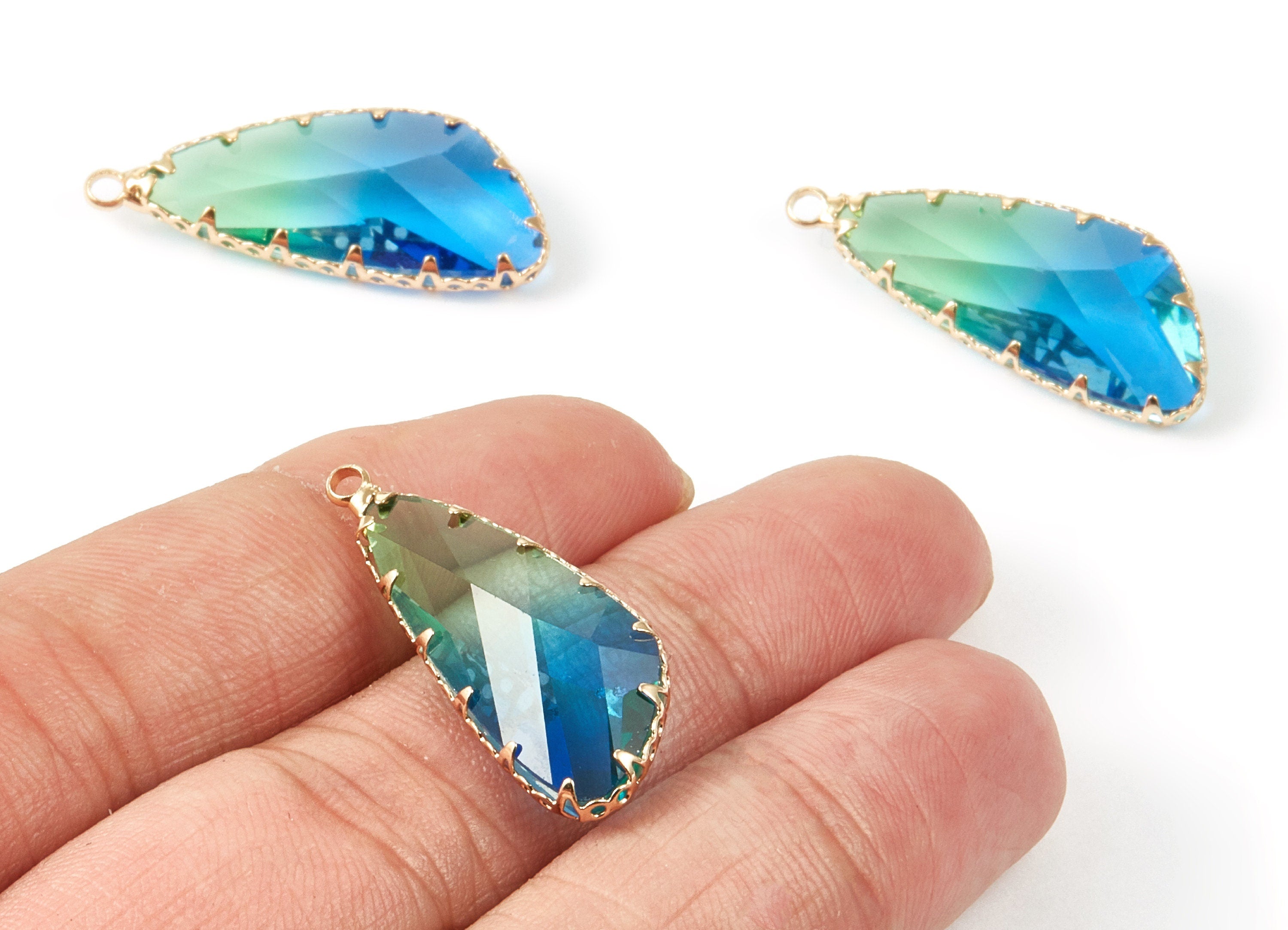 Brass Glass Tourmaline Necklace Pendant - Faceted Glass Stone Pendant - Earring Charms - Jewelry Supplies - 30.96x12.7x7.28mm - GS1001A - DOMEDBAZAAR