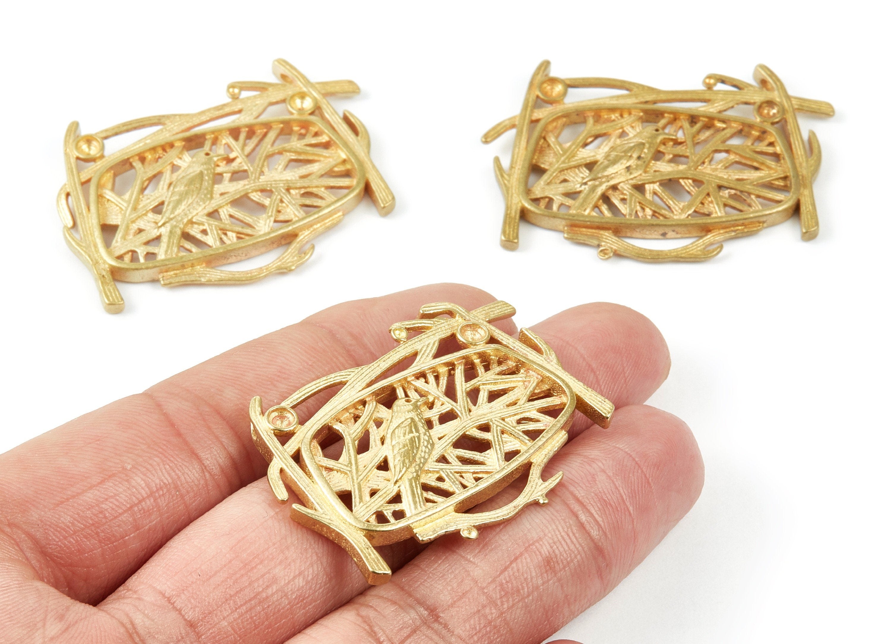 Brass Bird Charms - Birds And Branches Raw Brass Pendant - Jewelry Supplies - 45.95x32.97x3.89mm - PP1531 - DOMEDBAZAAR