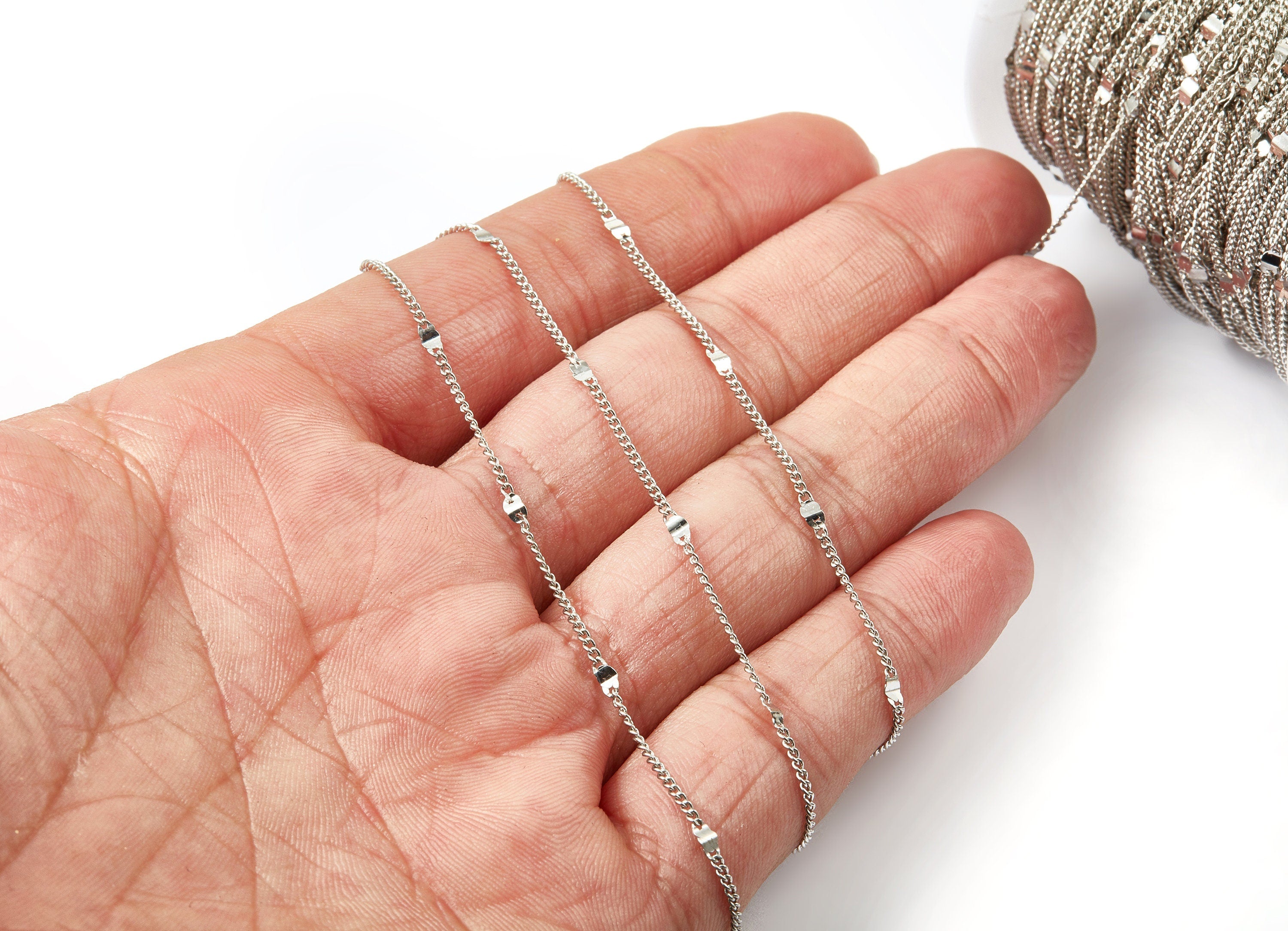 Hammered Satellite Curb Chain - Brass Chain - Silver Tone Plated Chain - Soldered Chain - 0.05" x 0.03" x 0.08" - CC1103S - DOMEDBAZAAR