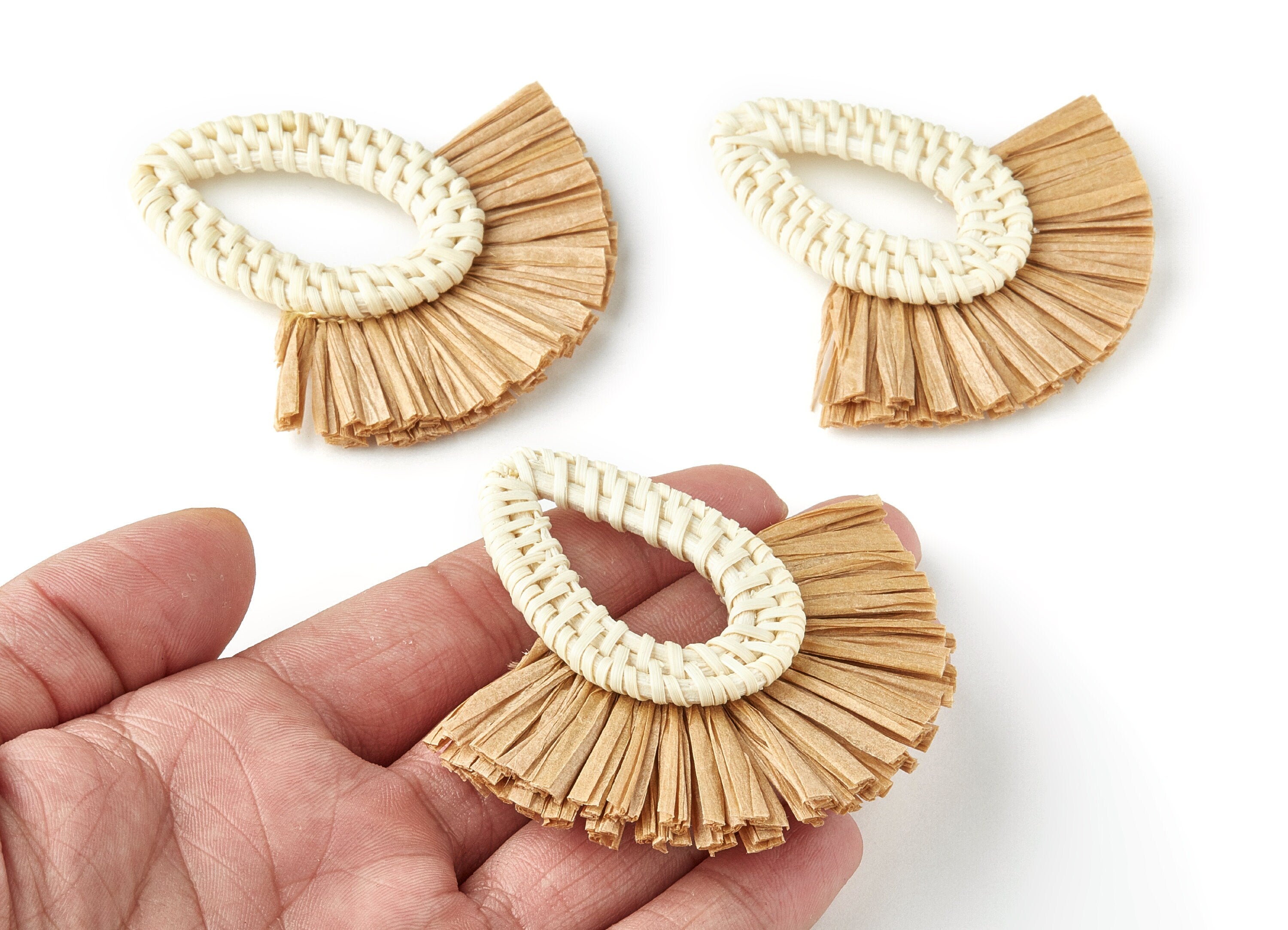 Handwoven Rattan with Raffia Tassels Charms - Drop Shaped Rattan Pendant - Wooden Straw Earring - 68.8x74.4x6mm - RT1159 - DOMEDBAZAAR