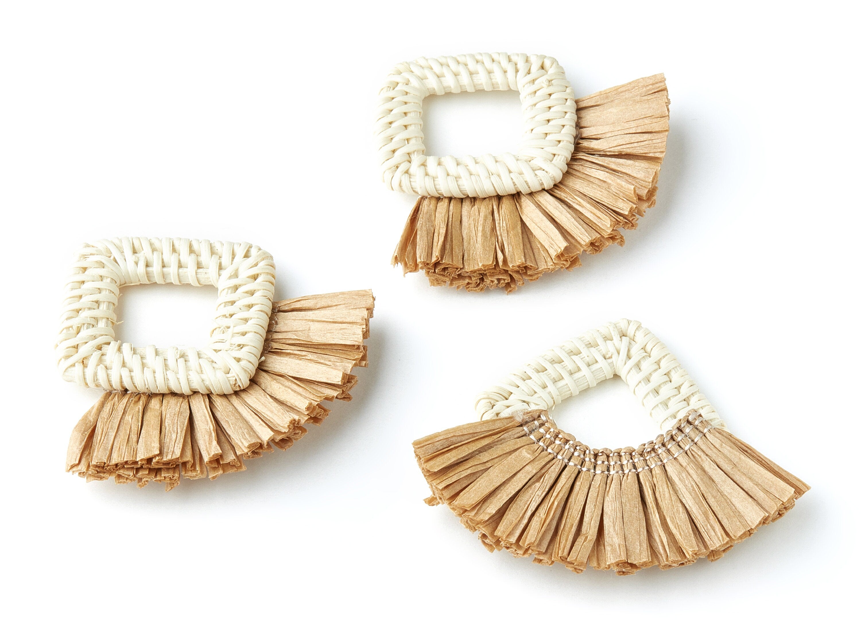 Handwoven Rattan with Raffia Tassels Charms - Square Shaped Rattan Pendant With Straw - Wooden Straw Earring - 66.4x67.7x6mm - RT1161 - DOMEDBAZAAR