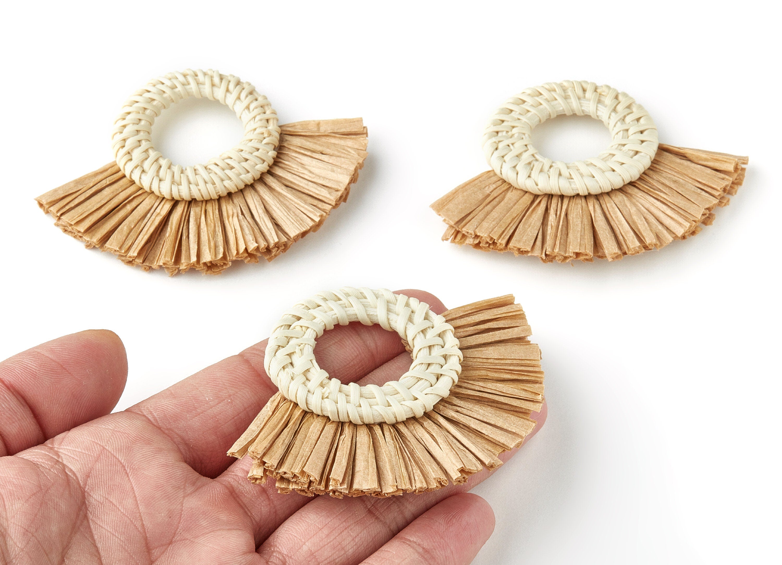 Handwoven Rattan with Raffia Tassels Charms - Round Shaped Rattan Pendant With Straw - Wooden Straw Earring - 58.3x75.9x6mm - RT1155 - DOMEDBAZAAR