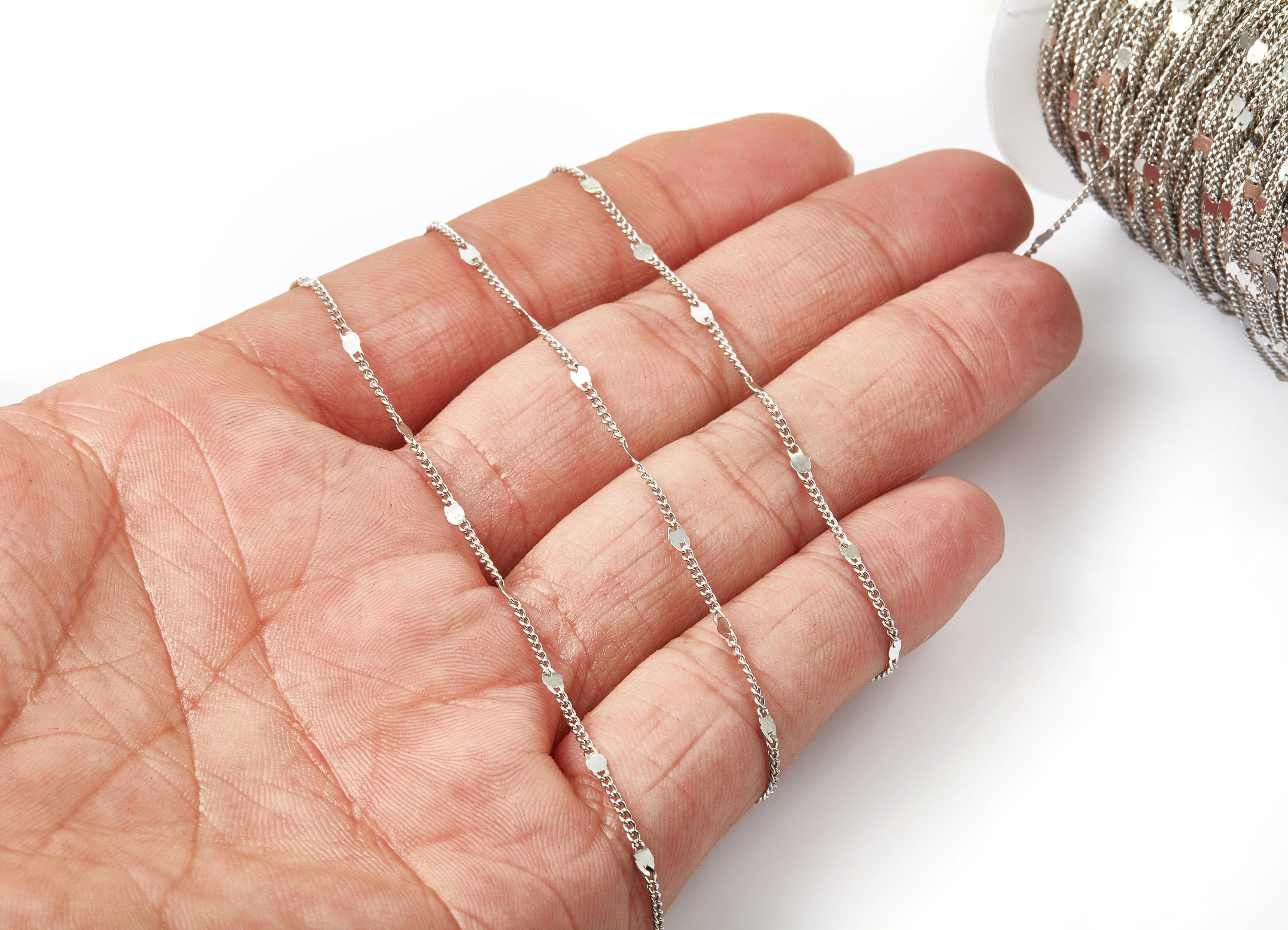 Hammered Satellite Curb Chain - Brass Chain - Silver Tone Plated Chain - Soldered Chain - 0.07" x 0.05" x 0.08" - CC1109S - DOMEDBAZAAR