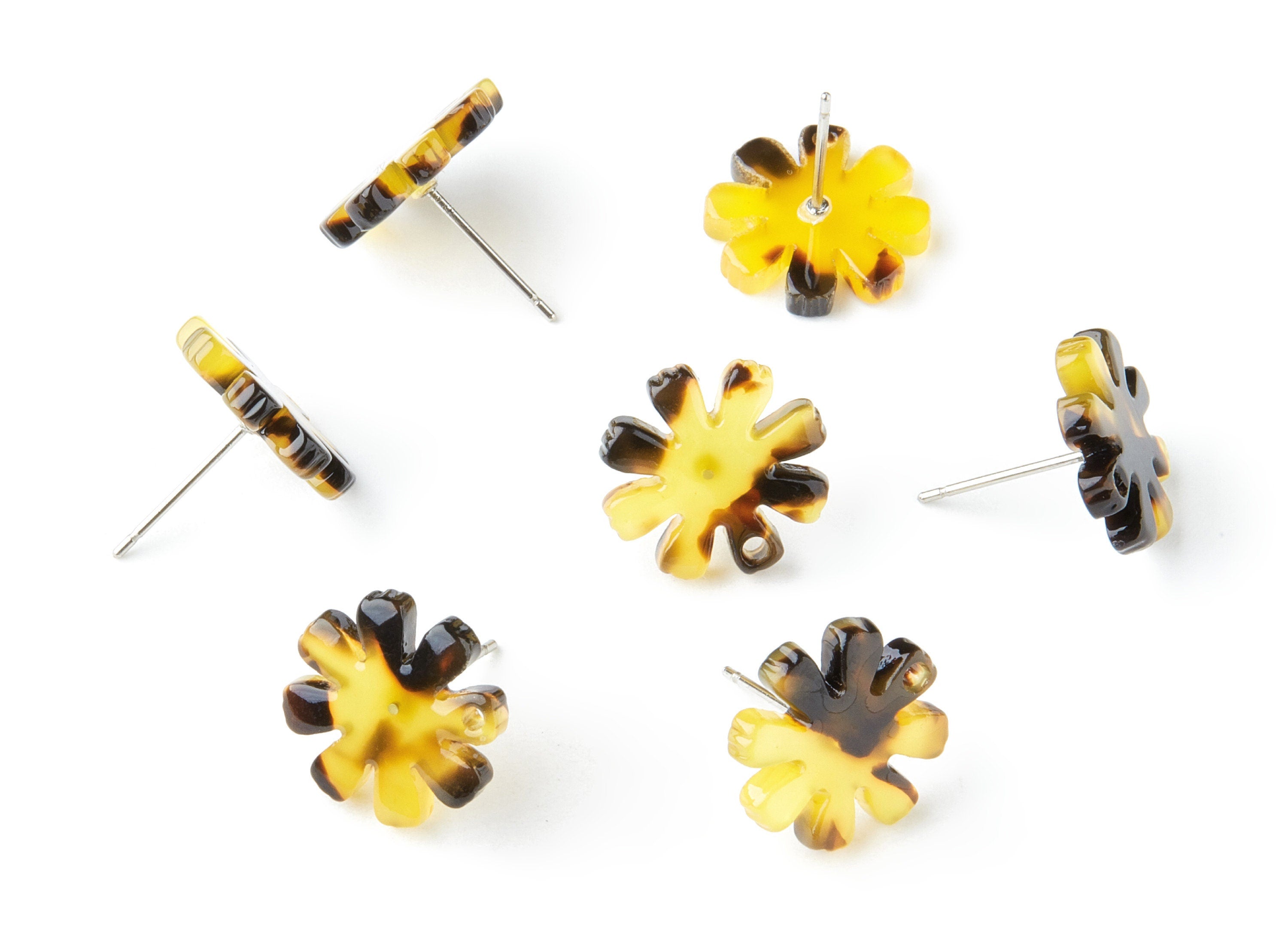 Acetate Acrylic Earring Charms - Tortoise Shell Stud Earrings - 1 Hole - Flower Shaped - Color Code:A02 - 14.48x14.04x2.65mm - AC1335F - DOMEDBAZAAR