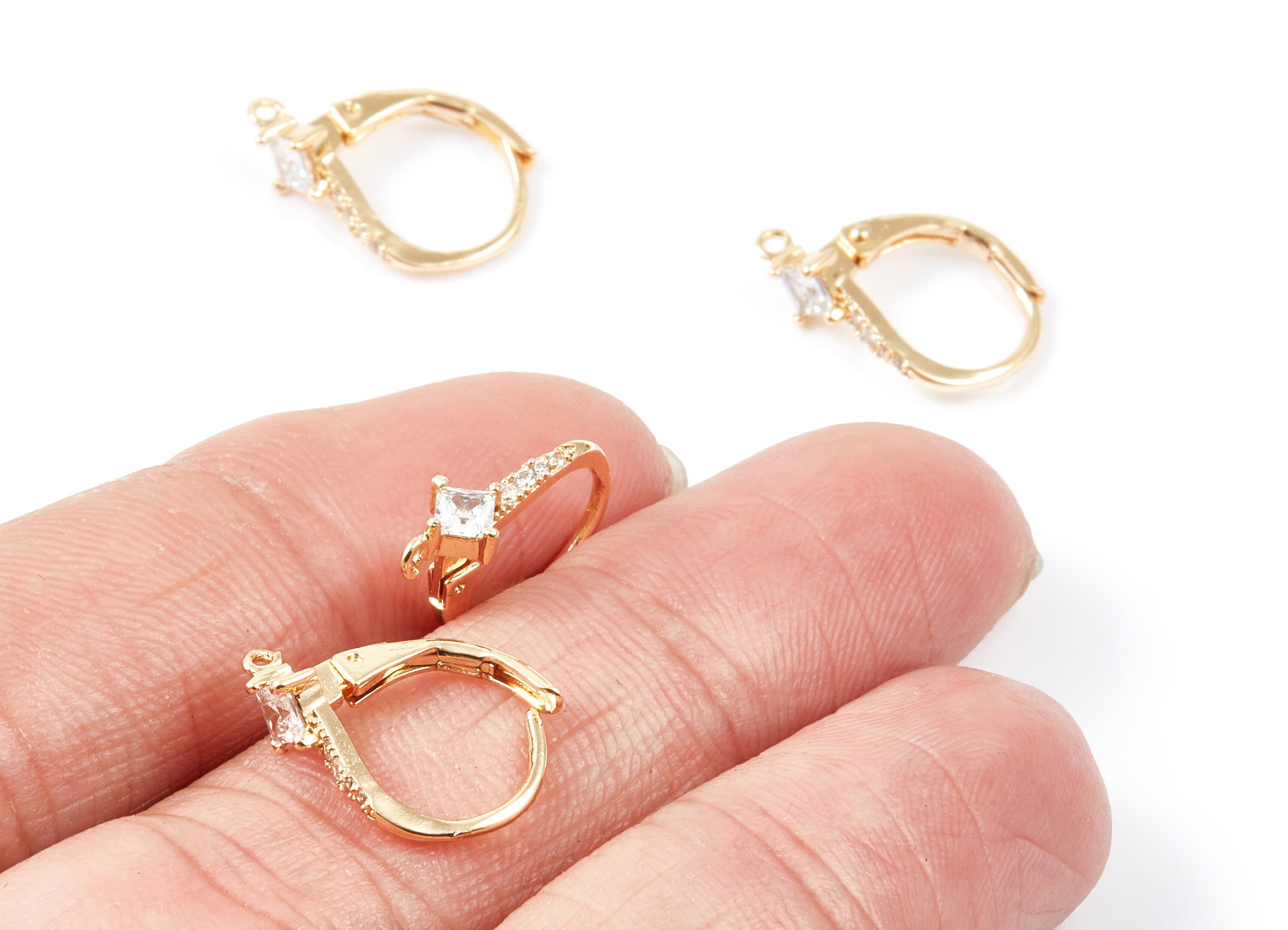 18K Real Gold Plated Brass Leverback - Gold Plated Leverback Earrings With Zircons - Jewelry Supplies - 16.3x11.6x5mm - RGP1004 - DOMEDBAZAAR