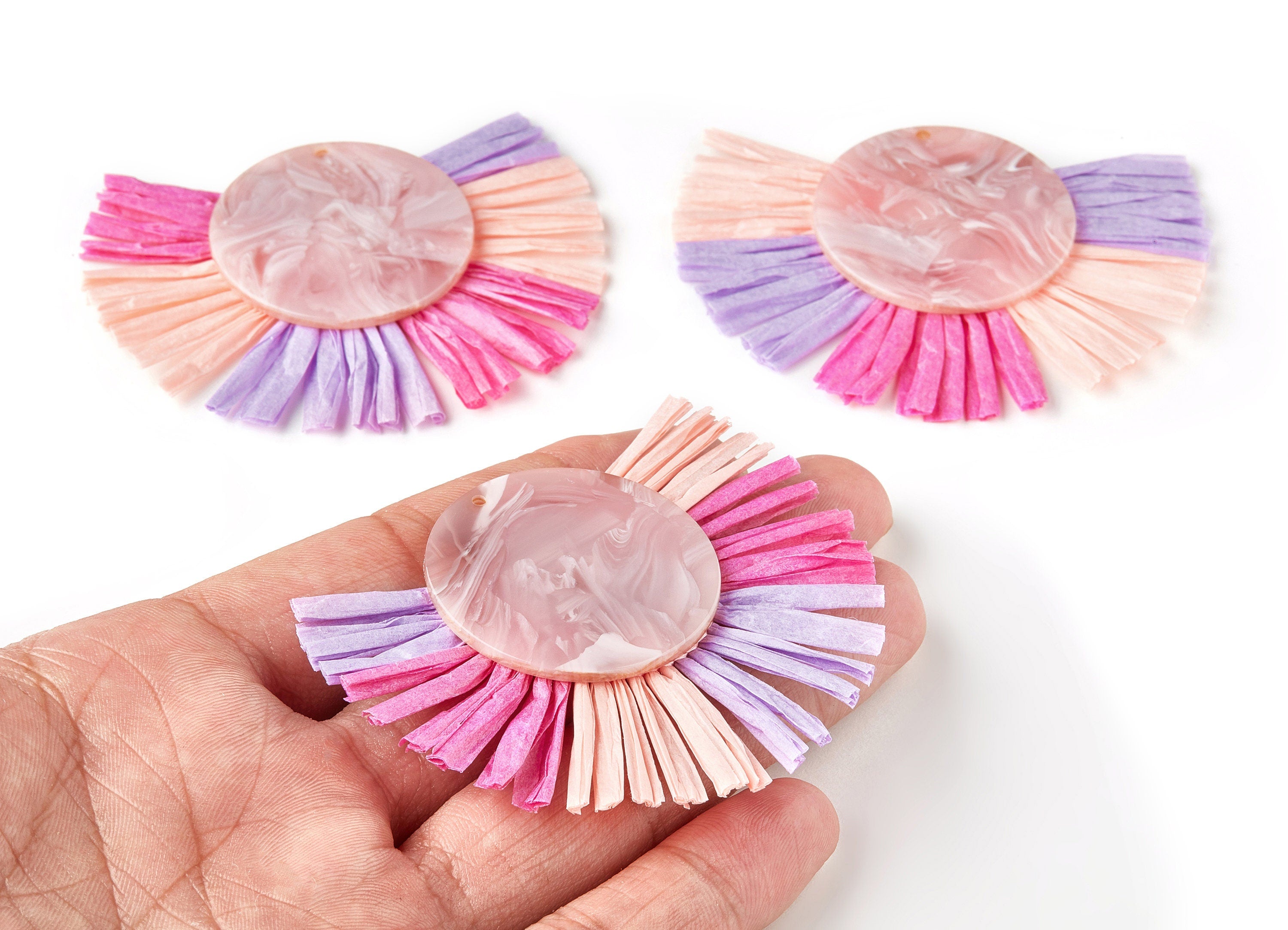 Acetate Acrylic Earring Charm with Single Layer Raffia - Tortoise Shell Earring - Tassels Fan - Color Code: A26 - 70x53x4mm - AC1624-A26 - DOMEDBAZAAR
