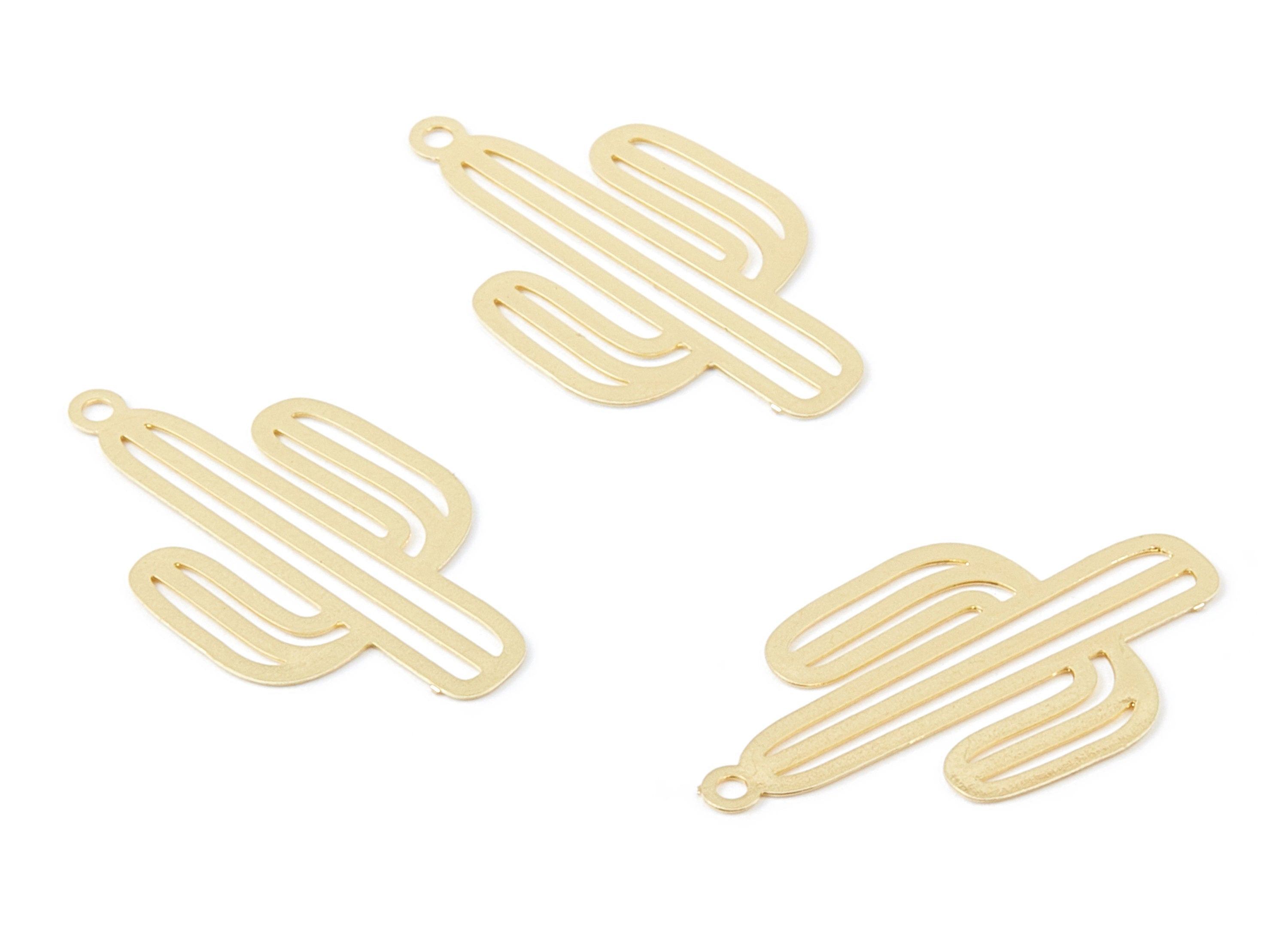 Brass Cactus Shaped Earring Charms - Gold Tone Plated Hallow Pendant - Jewelry Supplies - 22.1x12.87x0.33mm - JJC10094 - DOMEDBAZAAR