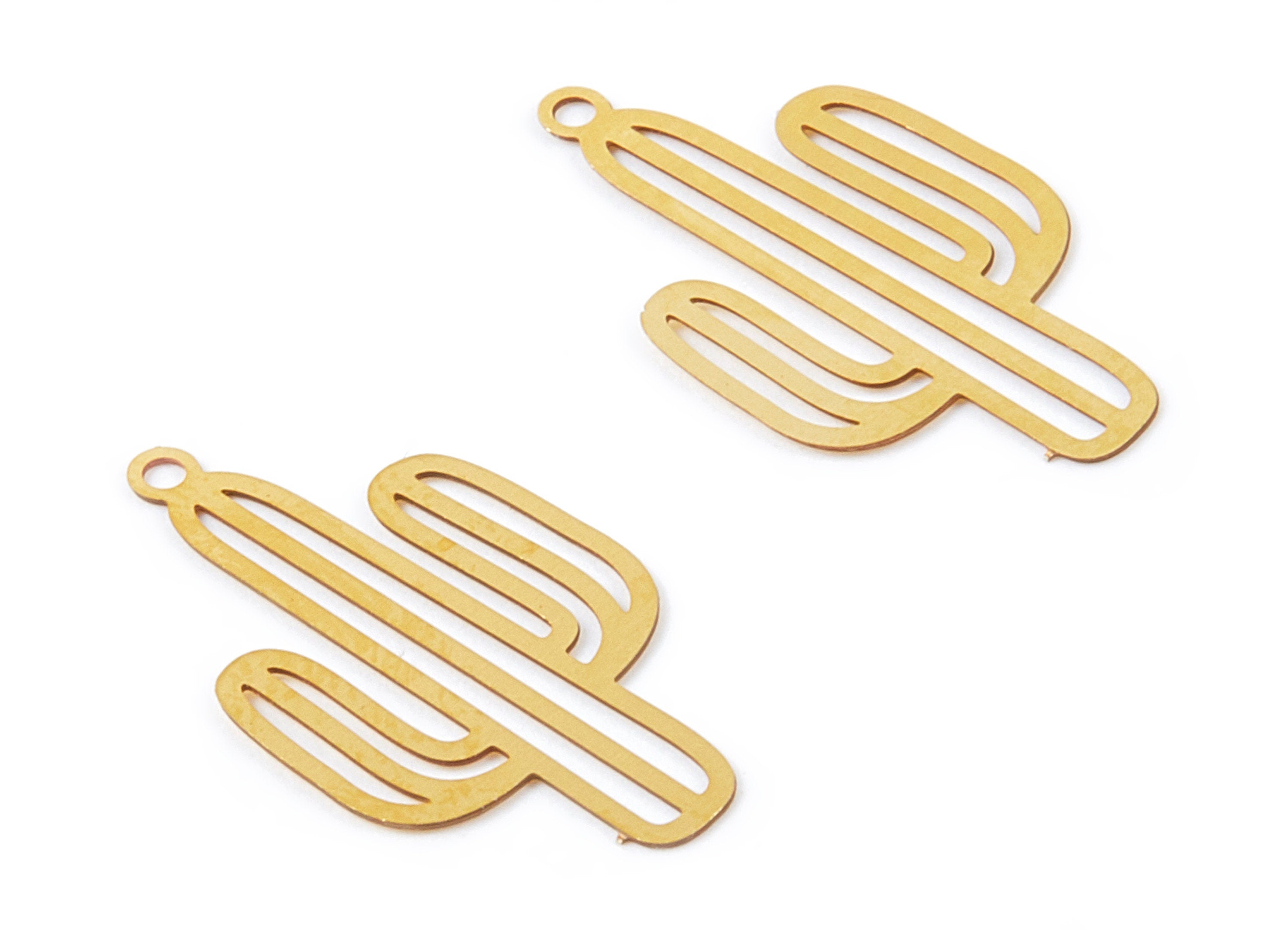Raw Brass Cactus Shaped Earring Charms - Hallow Out Pendant - Jewelry Supplies - 22.1x12.87x0.33mm - JJC10094-RB - DOMEDBAZAAR